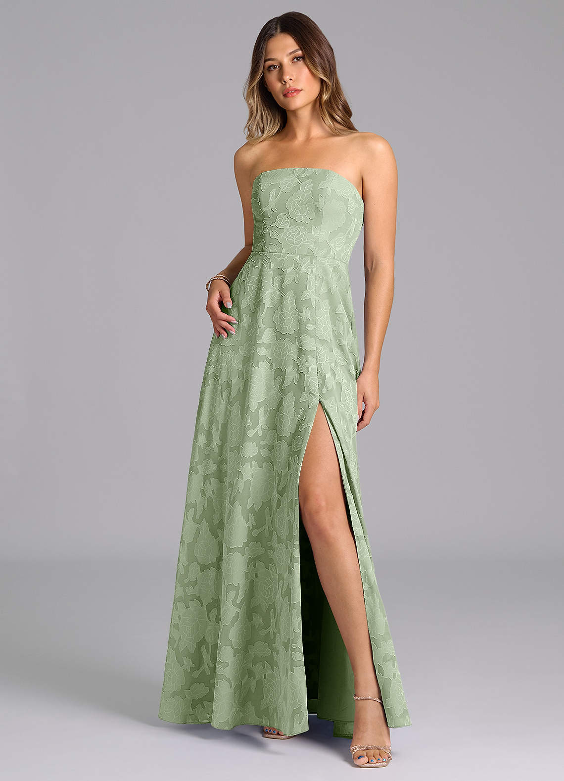 Wren A-Line Strapless Floral Burnout Bridesmaid Dress in Dusty Sage