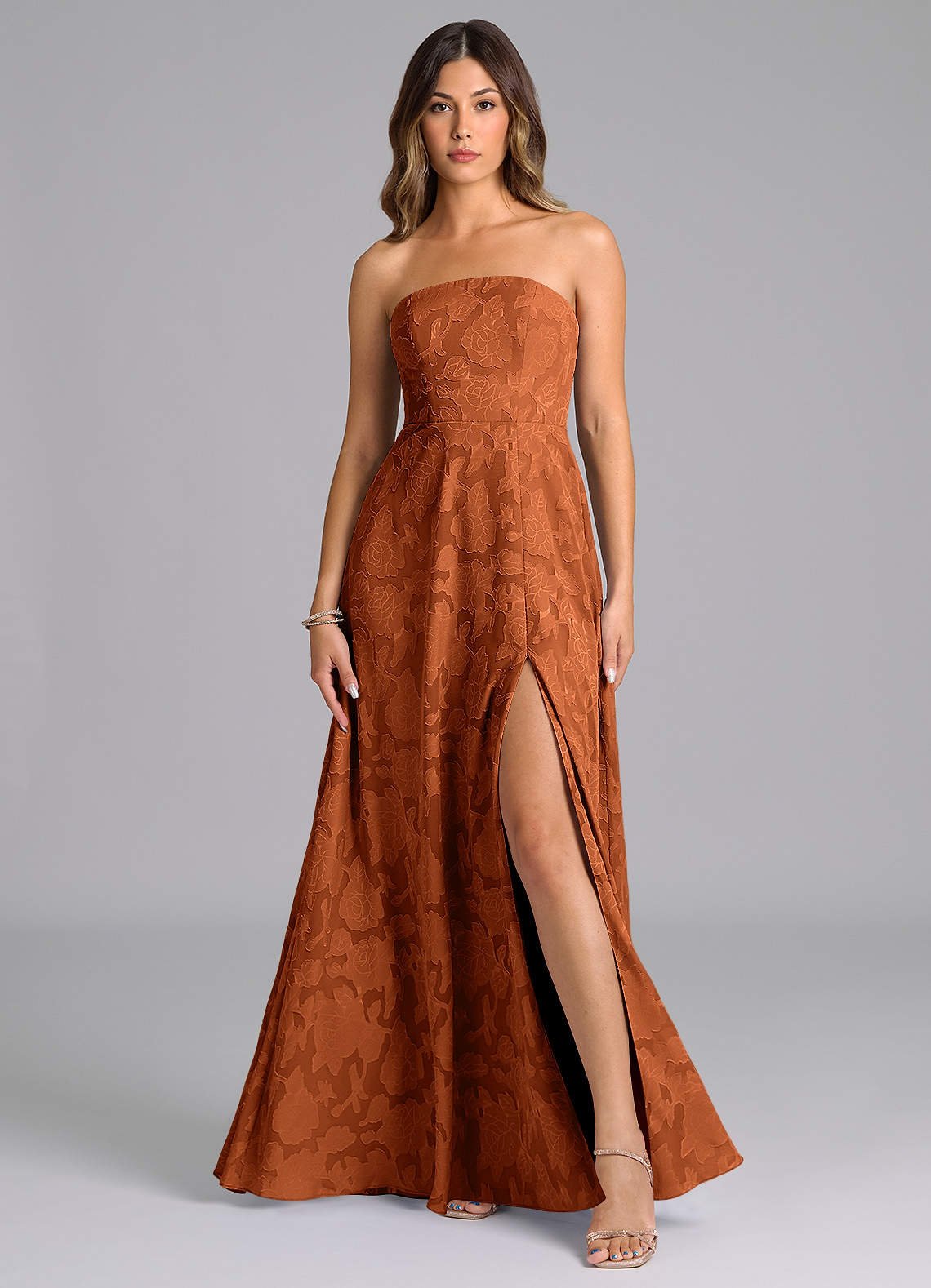 Wren A-Line Strapless Floral Burnout Bridesmaid Dress in Burnt Orange