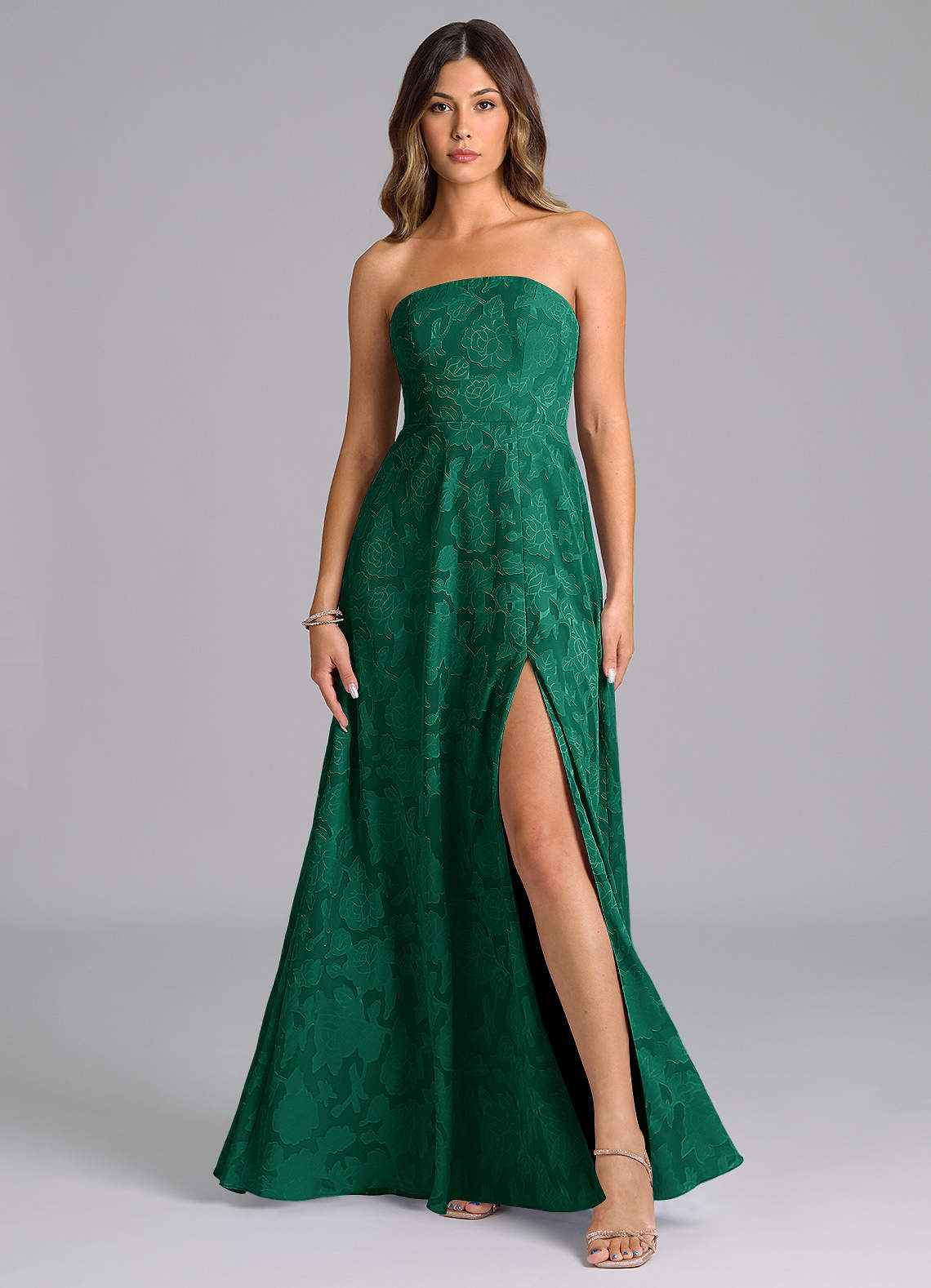 Wren A-Line Strapless Floral Burnout Bridesmaid Dress in Emerald