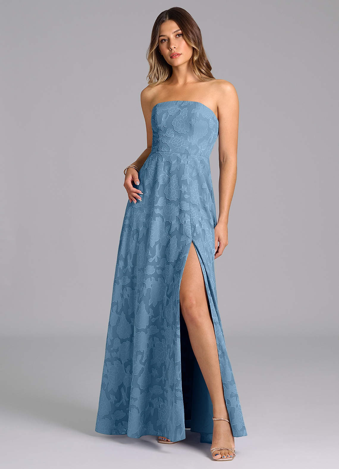 Wren A-Line Strapless Floral Burnout Bridesmaid Dress in Steel Blue