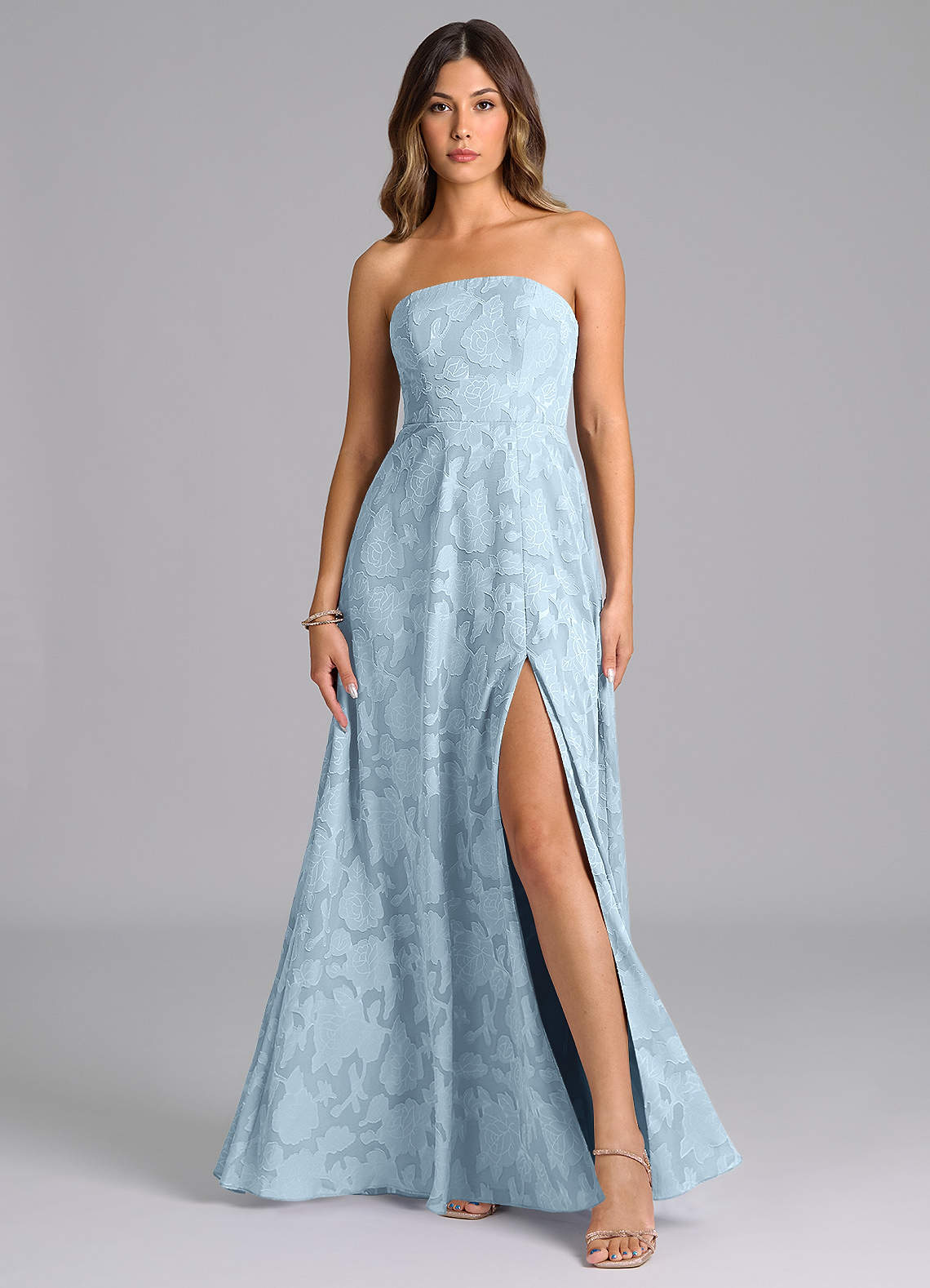 Wren A-Line Strapless Floral Burnout Bridesmaid Dress in Sky Blue