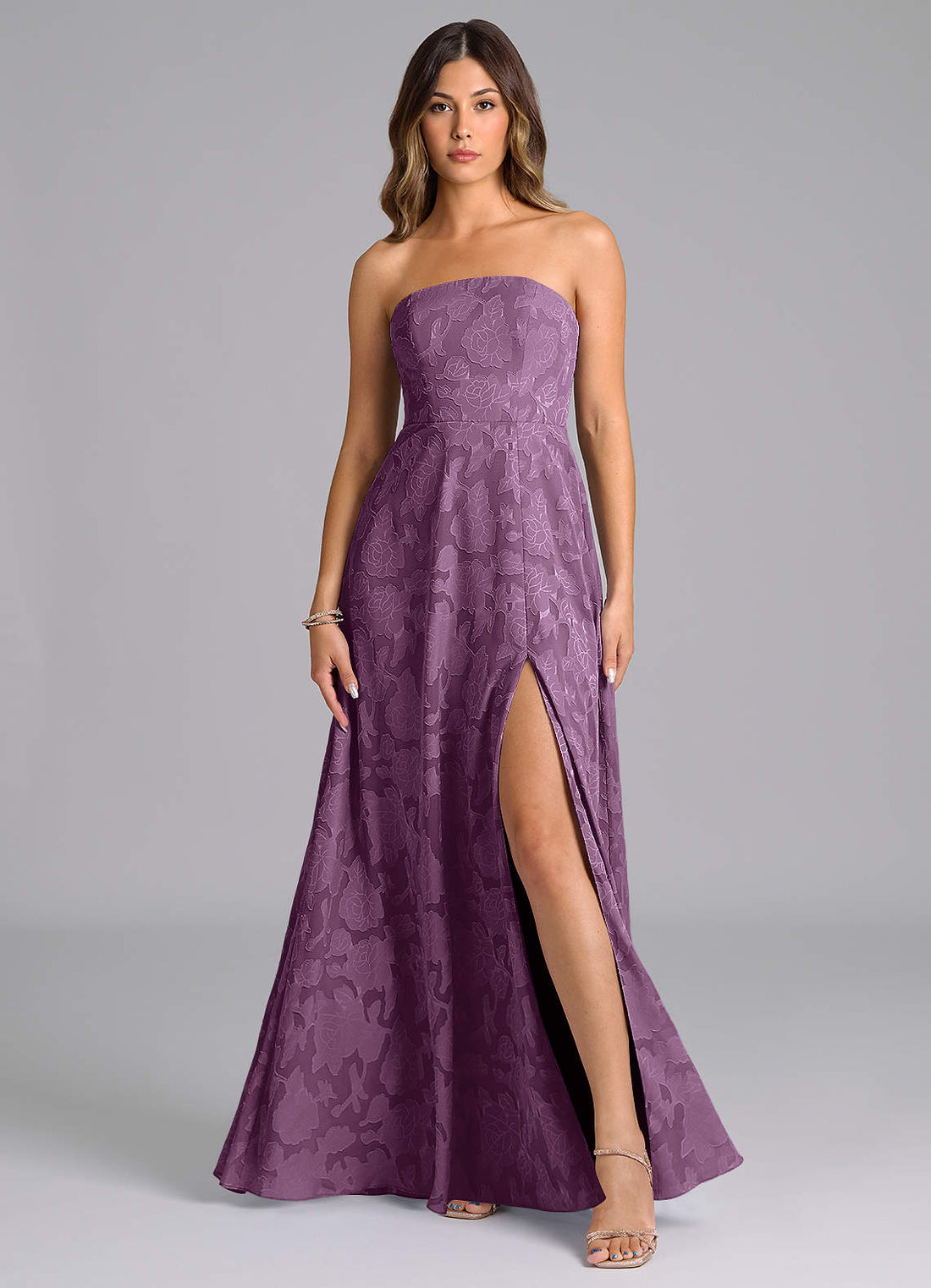 Wren A-Line Strapless Floral Burnout Bridesmaid Dress in Wisteria