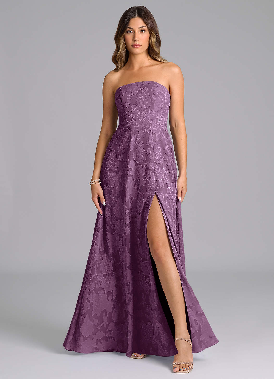 Wren A-Line Strapless Floral Burnout Bridesmaid Dress in Wisteria