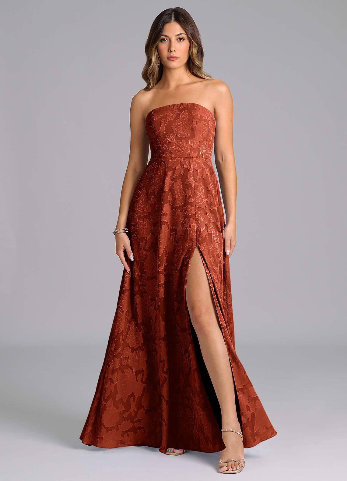 Wren A-Line Strapless Floral Burnout Bridesmaid Dress in Auburn