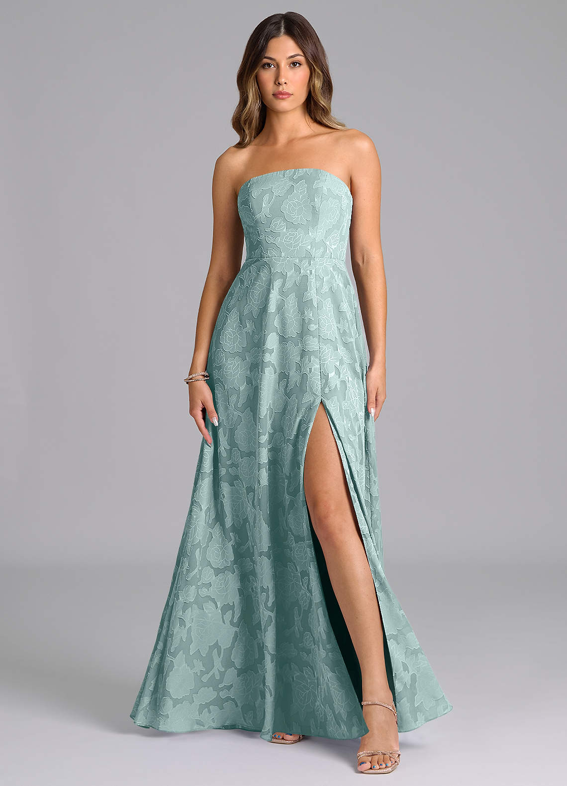 Wren A-Line Strapless Floral Burnout Bridesmaid Dress in Mist