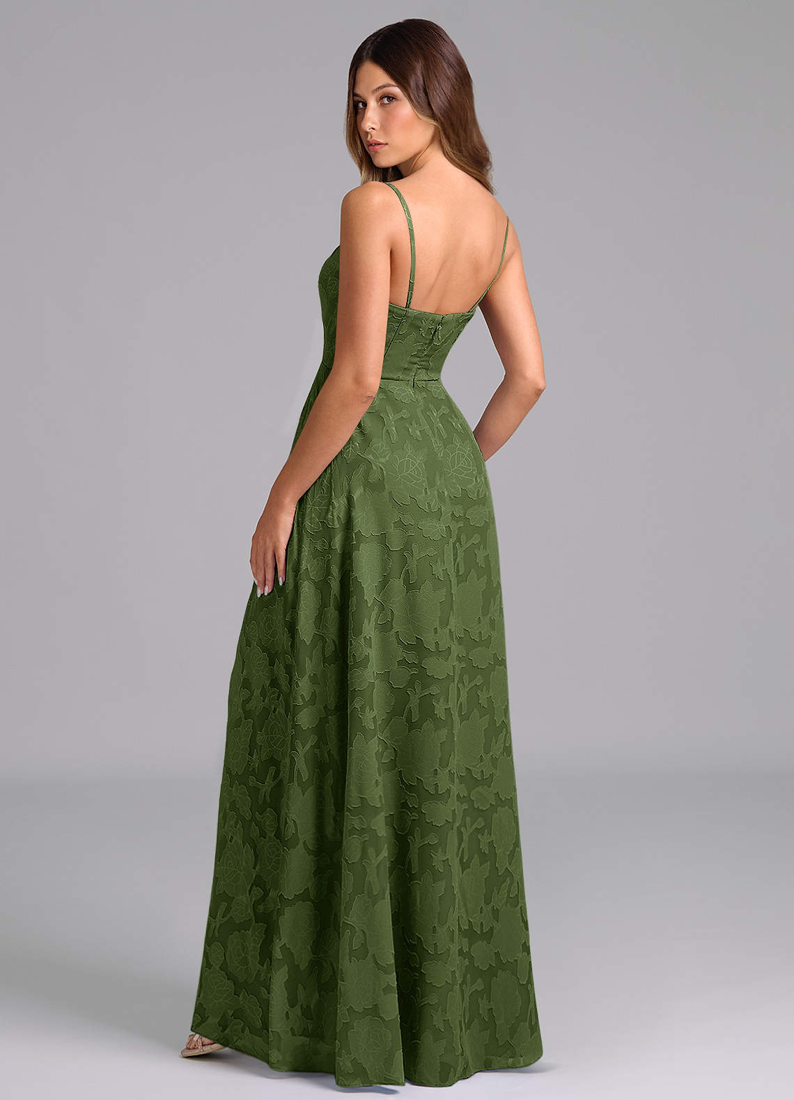 Wren A-Line Strapless Floral Burnout Bridesmaid Dress in Olive