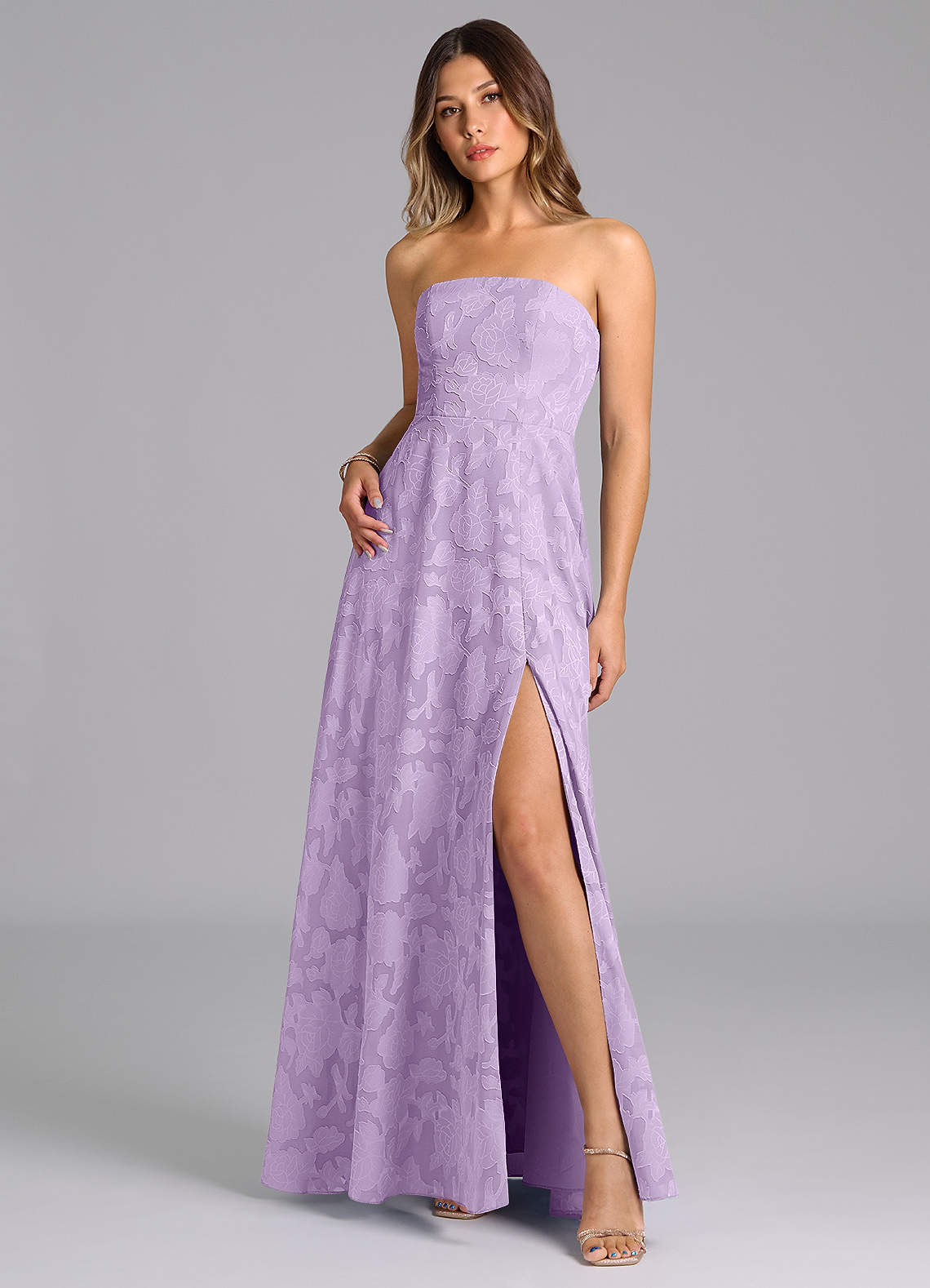 Wren A-Line Strapless Floral Burnout Bridesmaid Dress in Lilac
