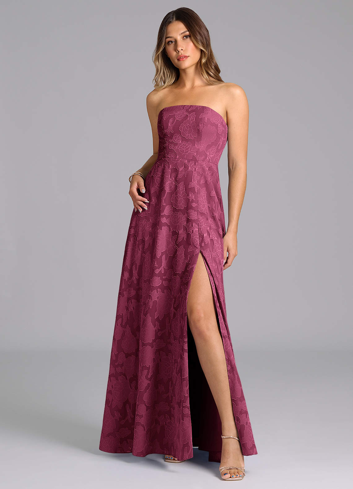 Wren A-Line Strapless Floral Burnout Bridesmaid Dress in Mulberry