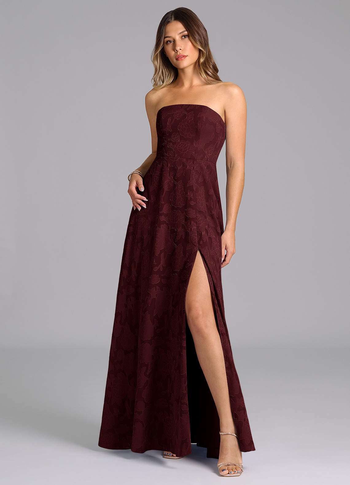 Wren A-Line Strapless Floral Burnout Bridesmaid Dress in Cabernet