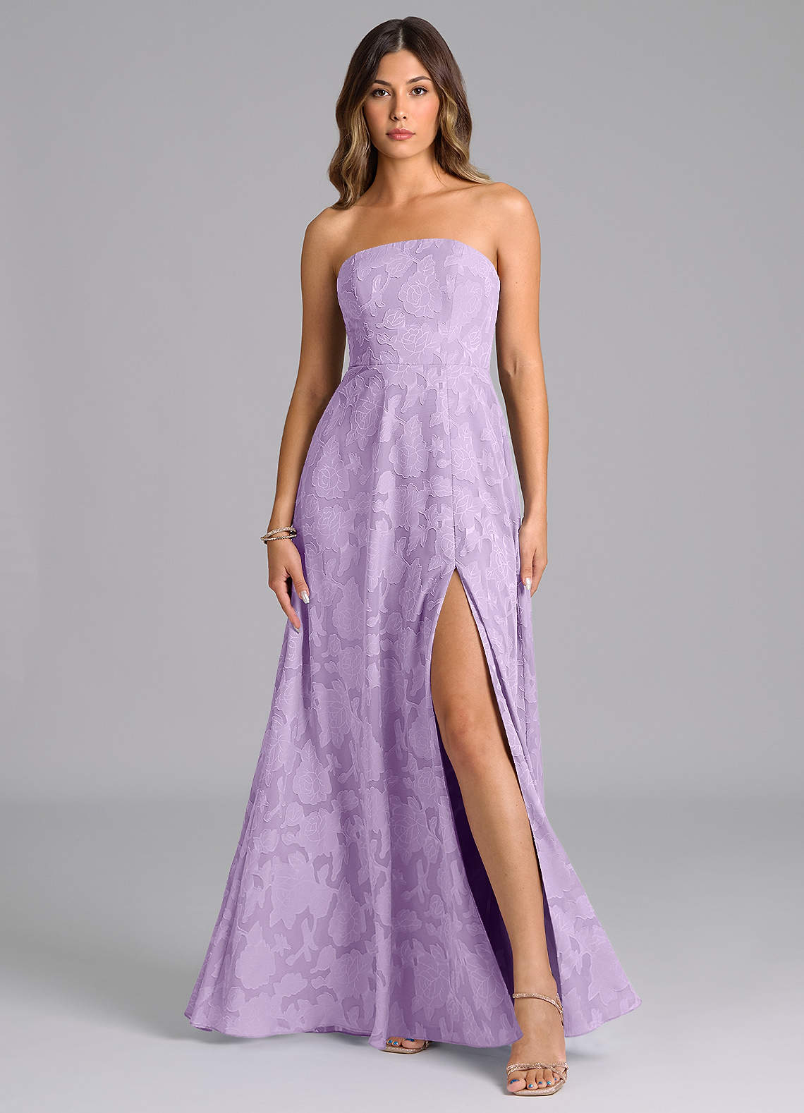 Wren A-Line Strapless Floral Burnout Bridesmaid Dress in Lilac