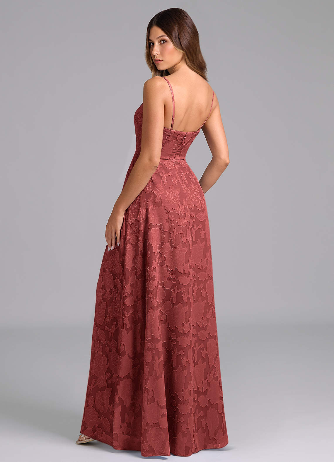 Wren A-Line Strapless Floral Burnout Bridesmaid Dress in Terracotta