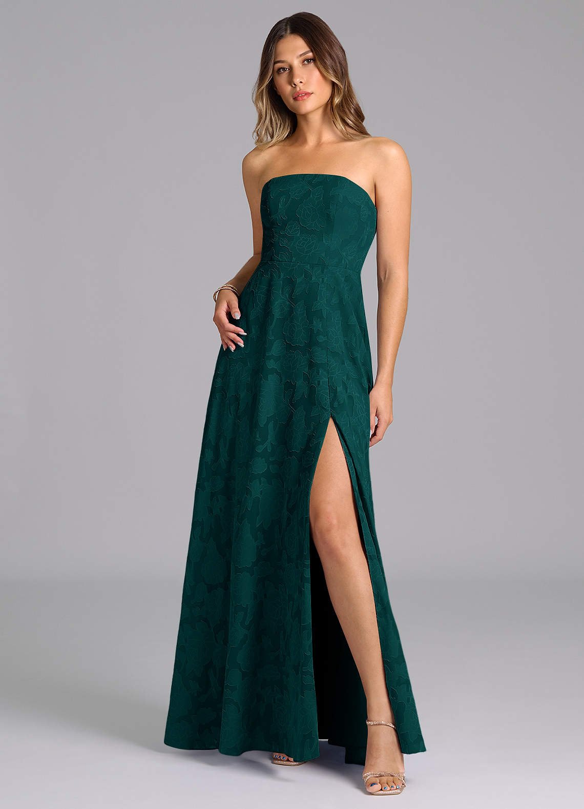 Wren A-Line Strapless Floral Burnout Bridesmaid Dress in Pine