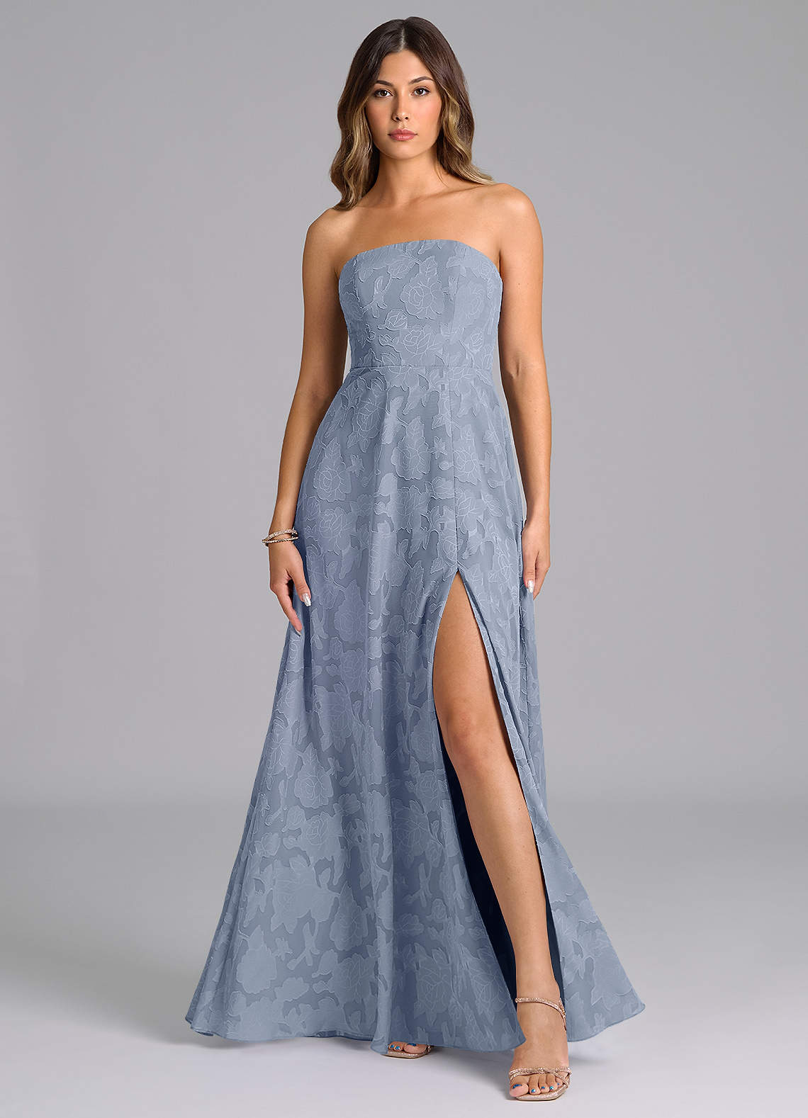Wren A-Line Strapless Floral Burnout Bridesmaid Dress in dusty blue