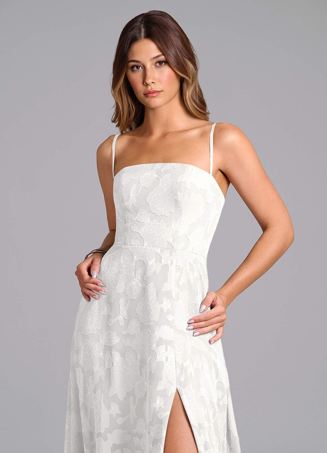 Wren A-Line Strapless Floral Burnout Bridesmaid Dress in white