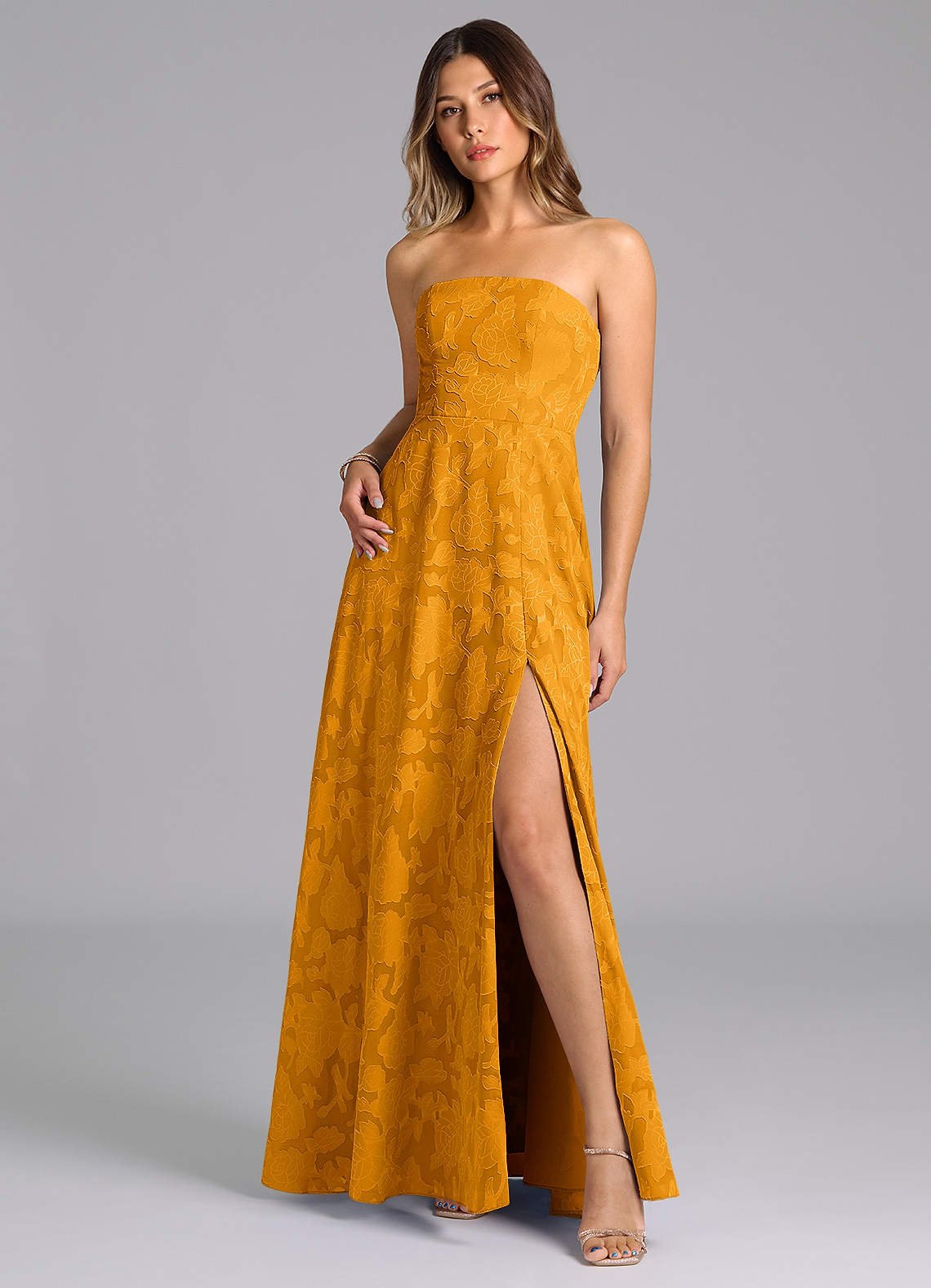 Wren A-Line Strapless Floral Burnout Bridesmaid Dress in butterscotch