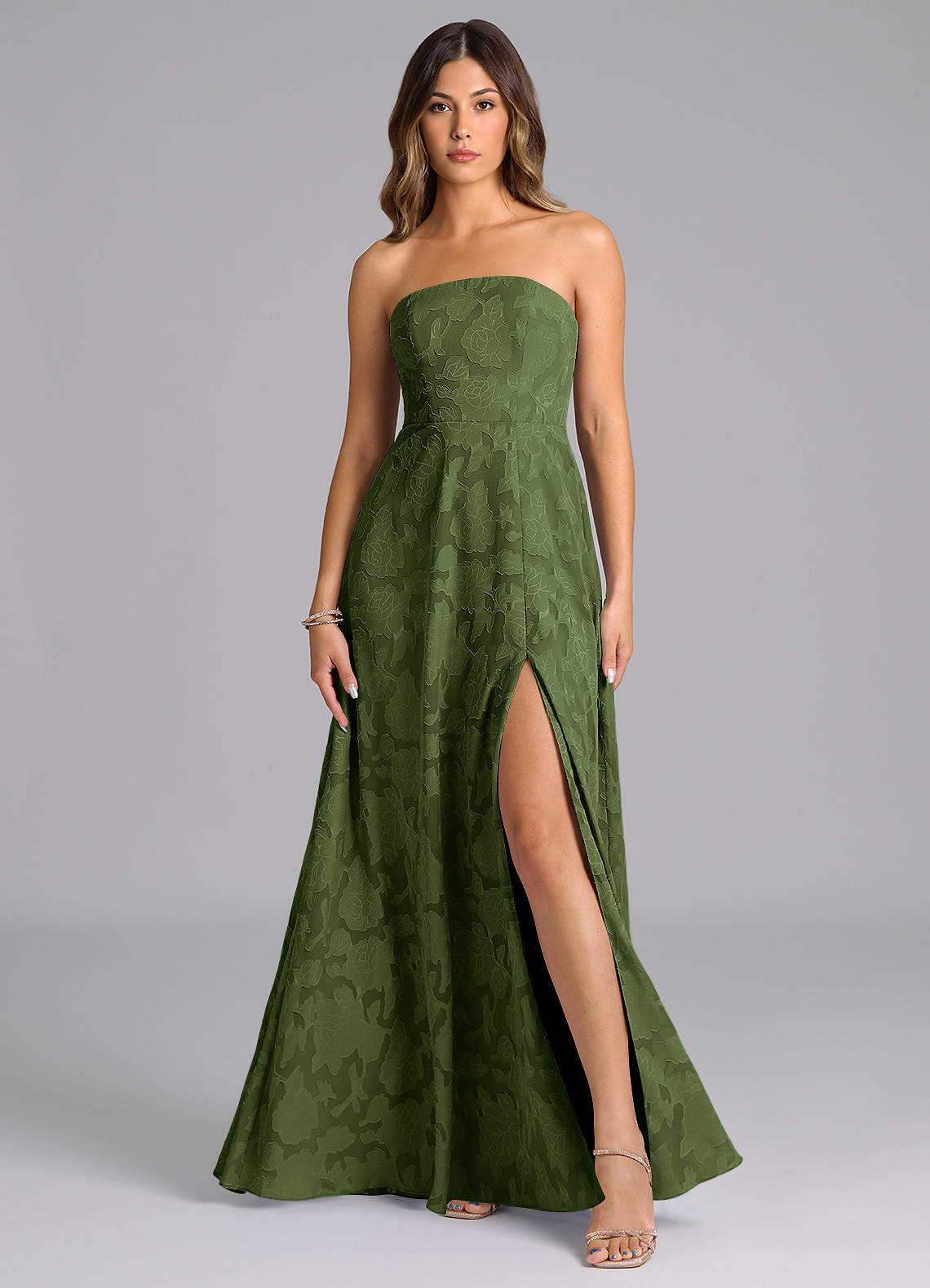 Wren A-Line Strapless Floral Burnout Bridesmaid Dress in Olive