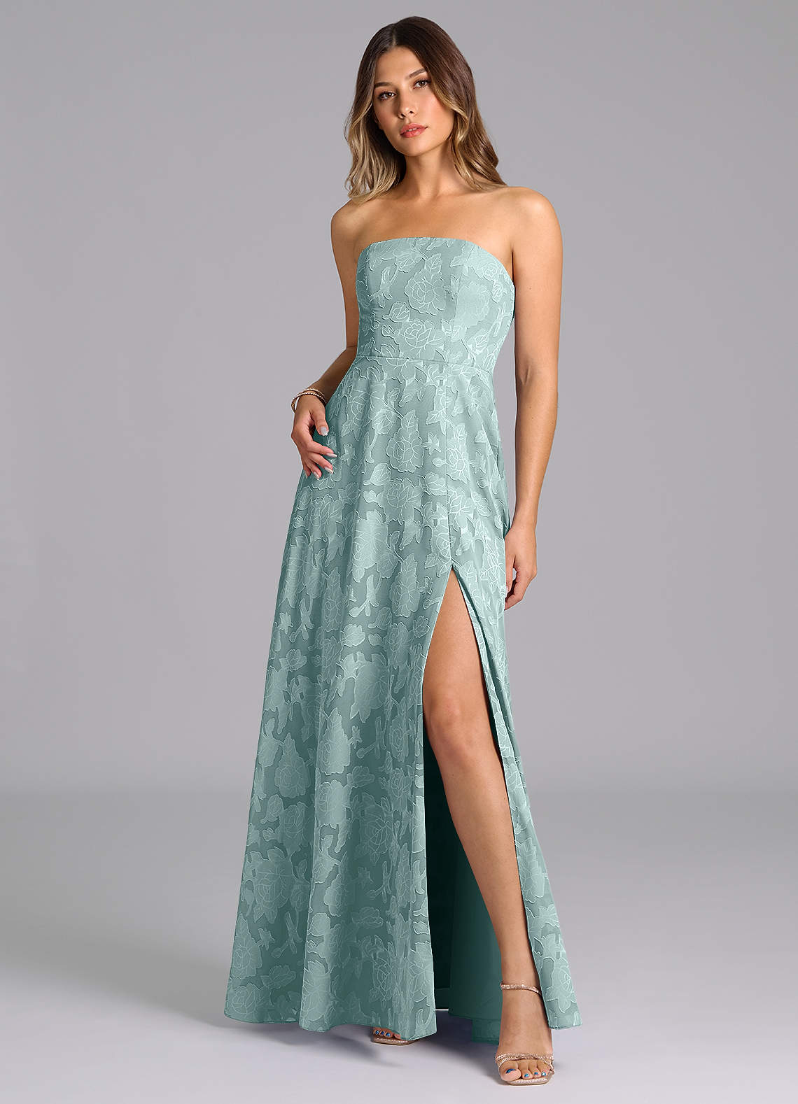 Wren A-Line Strapless Floral Burnout Bridesmaid Dress in Mist