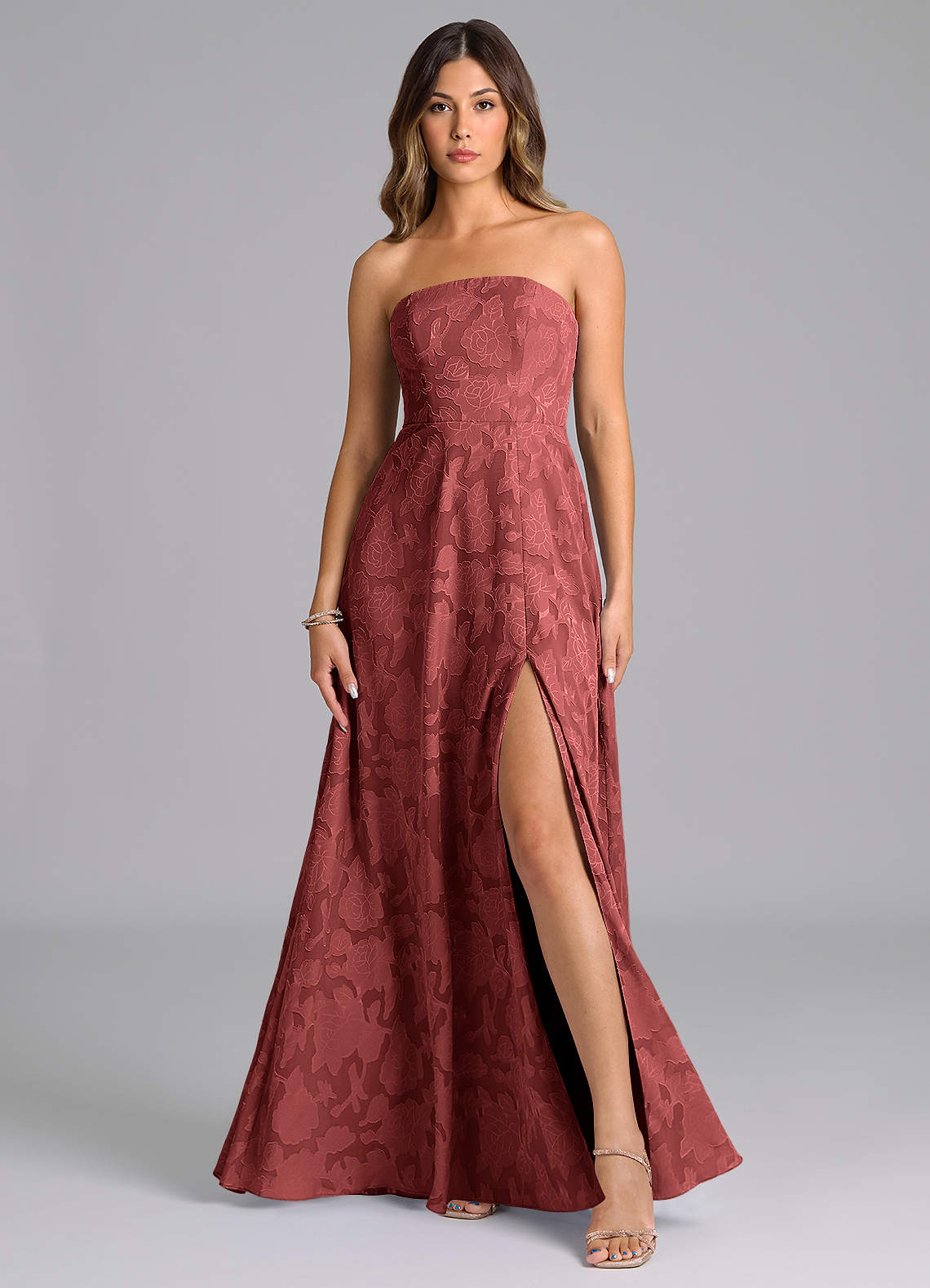 Wren A-Line Strapless Floral Burnout Bridesmaid Dress in Terracotta