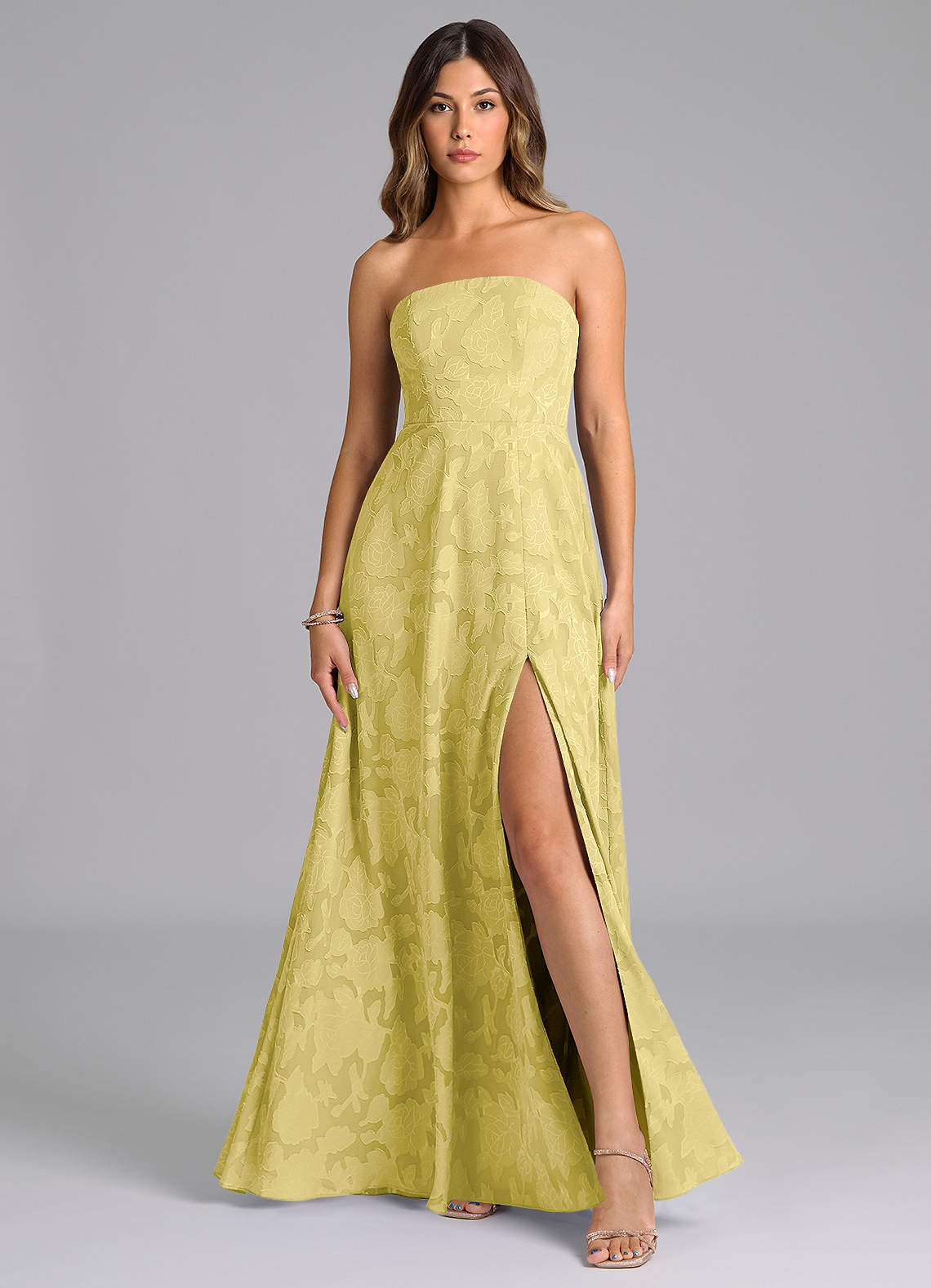 Wren A-Line Strapless Floral Burnout Bridesmaid Dress in Canary