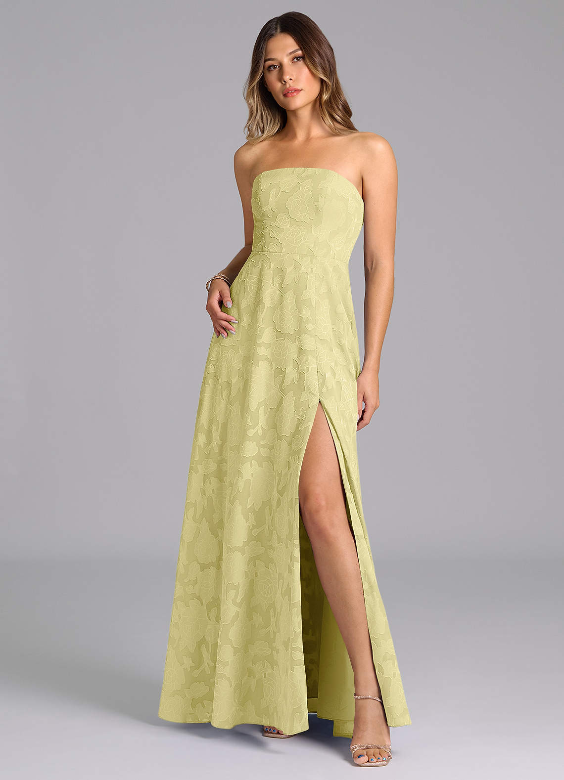 Wren A-Line Strapless Floral Burnout Bridesmaid Dress in Lemon Sorbet