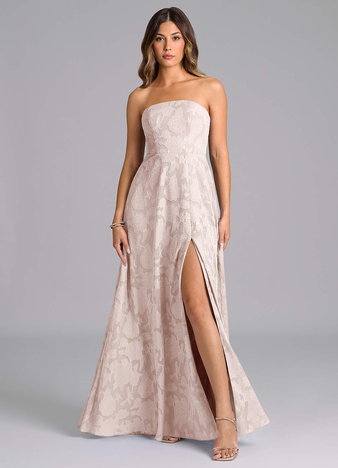 Wren A-Line Strapless Floral Burnout Bridesmaid Dress in Blushing Pink