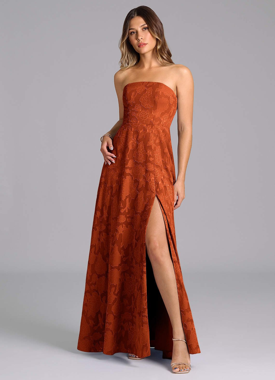 Wren A-Line Strapless Floral Burnout Bridesmaid Dress in Paprika