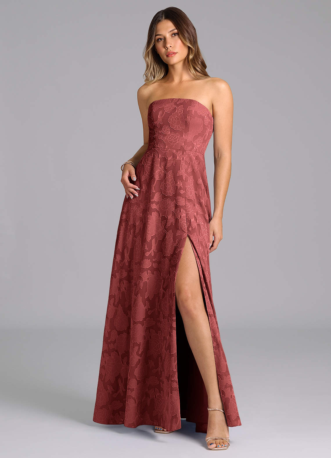 Wren A-Line Strapless Floral Burnout Bridesmaid Dress in Terracotta