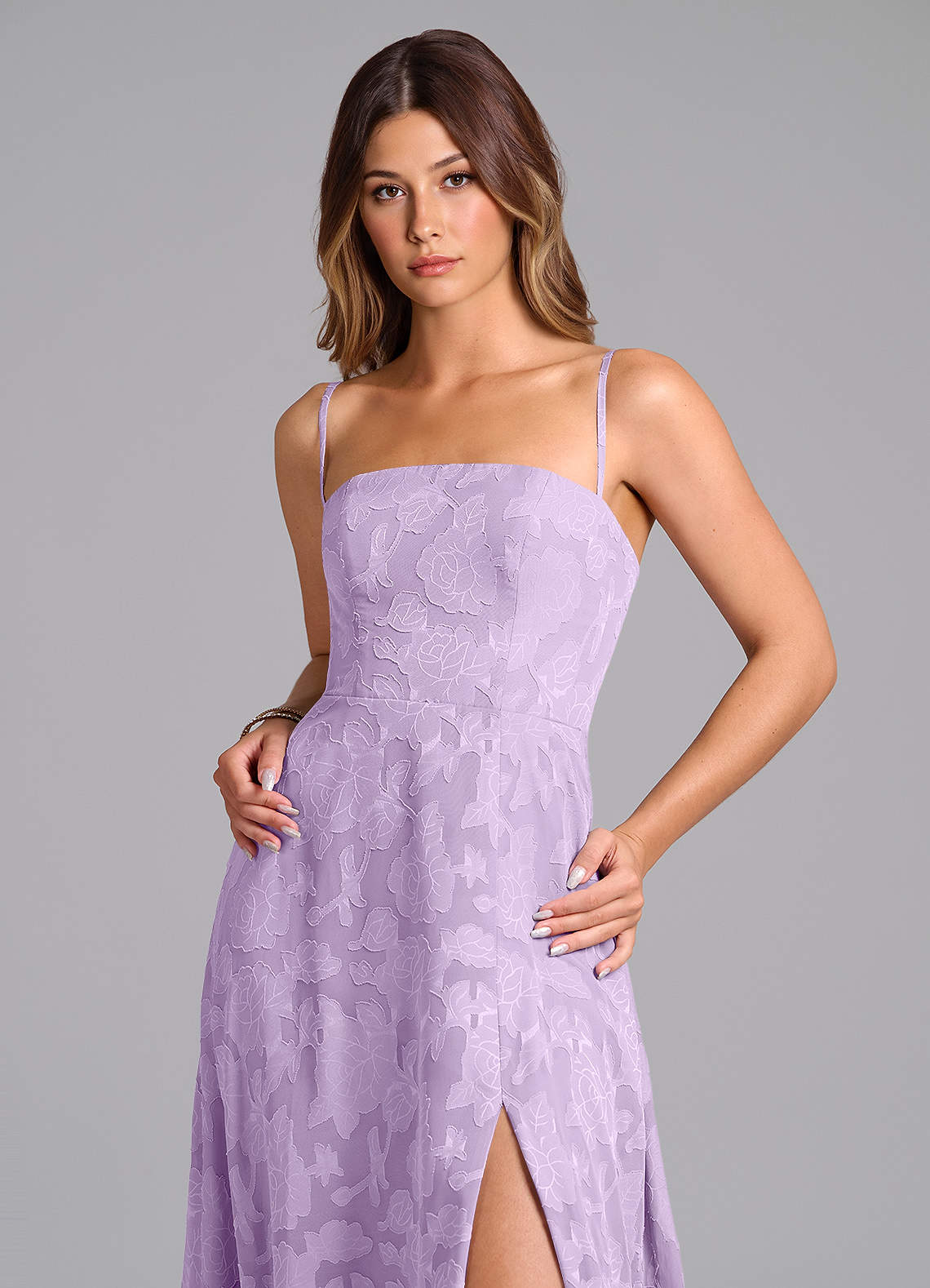 Wren A-Line Strapless Floral Burnout Bridesmaid Dress in Lilac