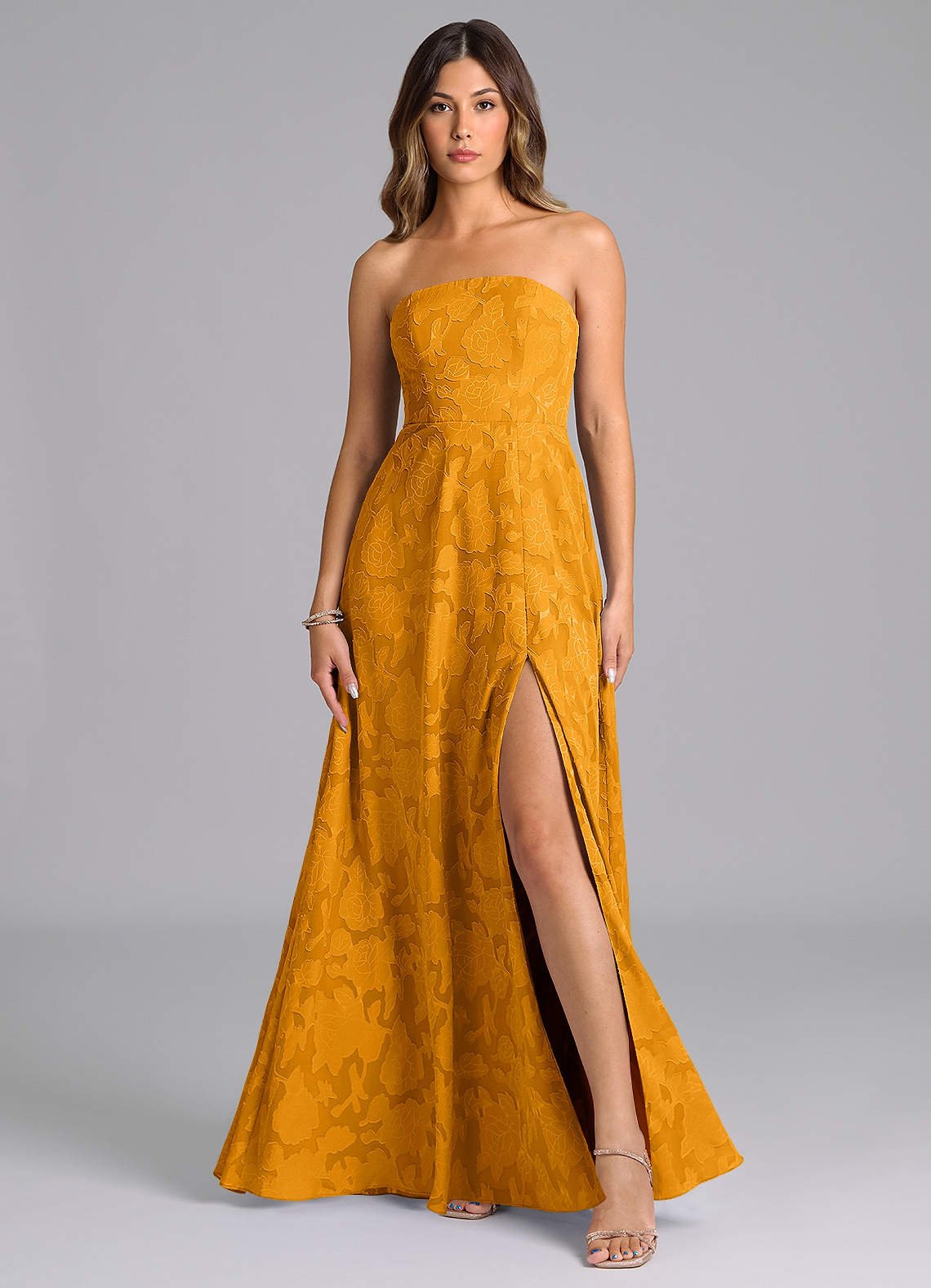 Wren A-Line Strapless Floral Burnout Bridesmaid Dress in butterscotch