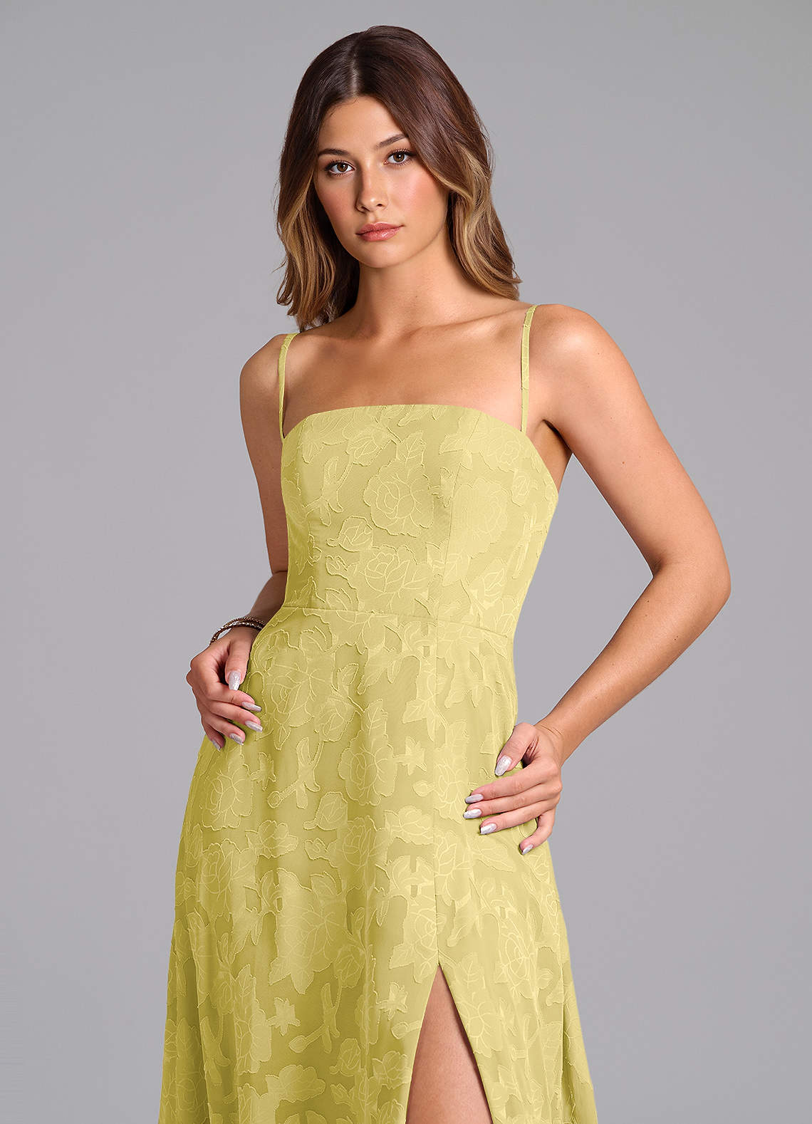 Wren A-Line Strapless Floral Burnout Bridesmaid Dress in Canary