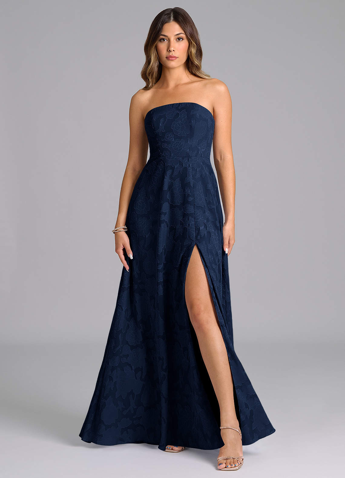 Wren A-Line Strapless Floral Burnout Bridesmaid Dress in Dark Navy