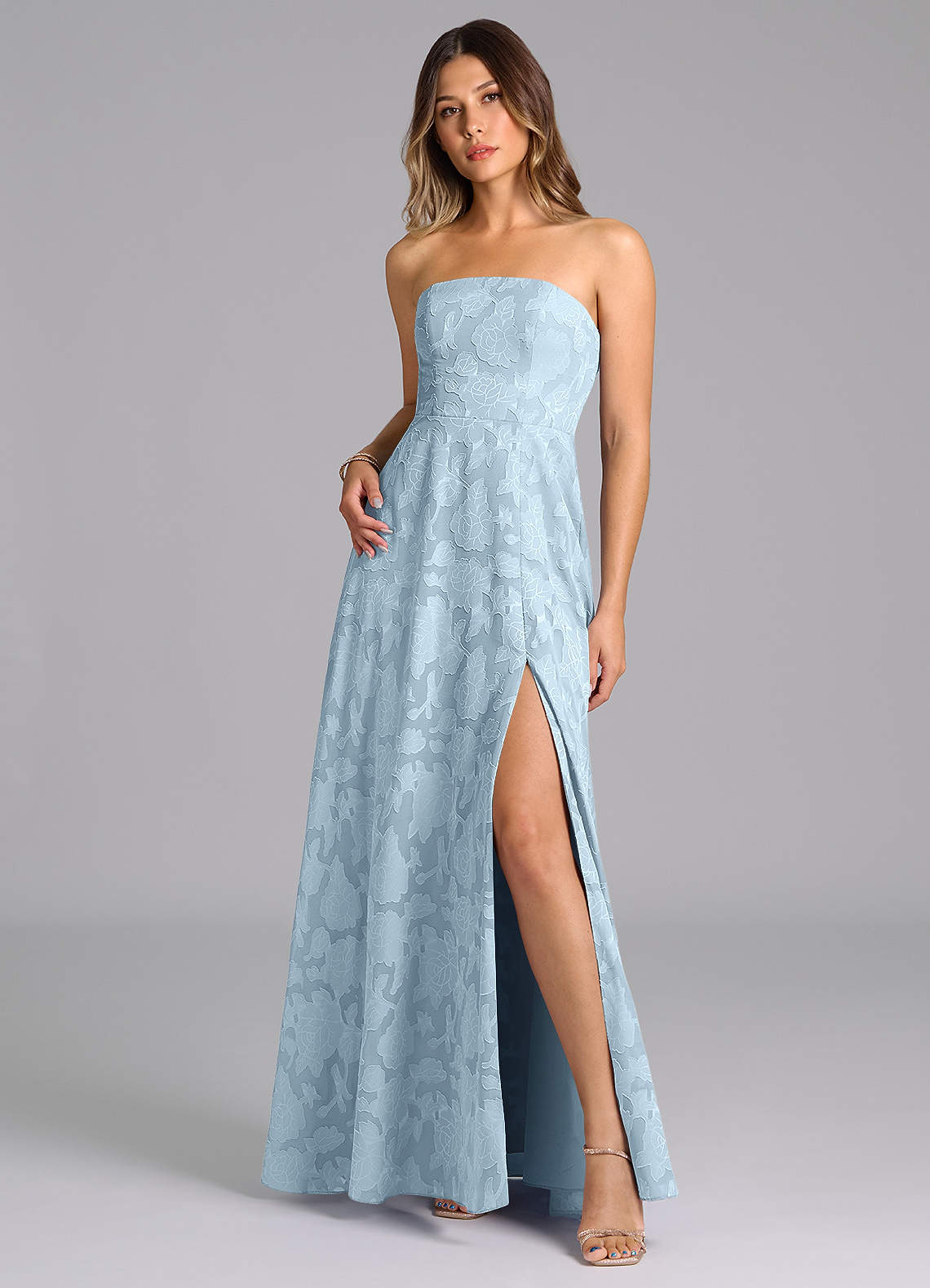 Wren A-Line Strapless Floral Burnout Bridesmaid Dress in Sky Blue