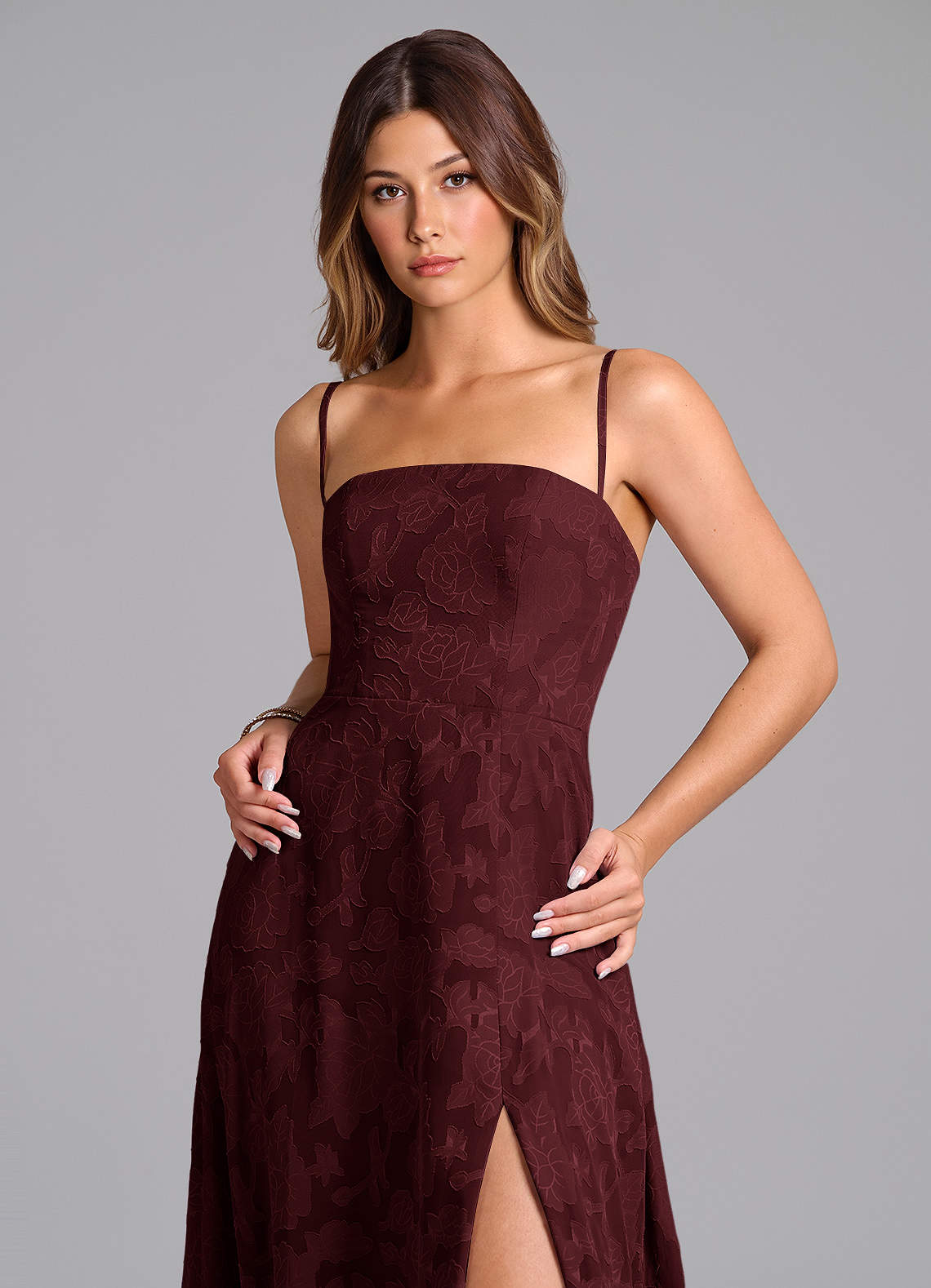 Wren A-Line Strapless Floral Burnout Bridesmaid Dress in Cabernet