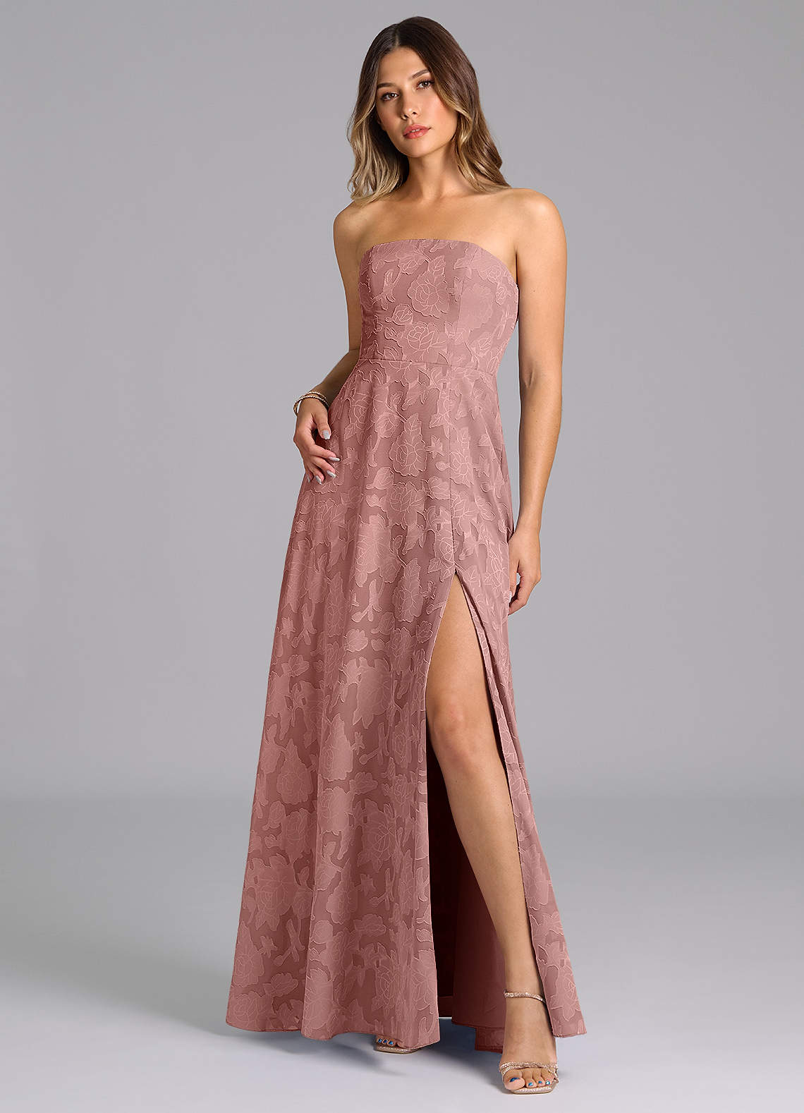 Wren A-Line Strapless Floral Burnout Bridesmaid Dress in dusty rose