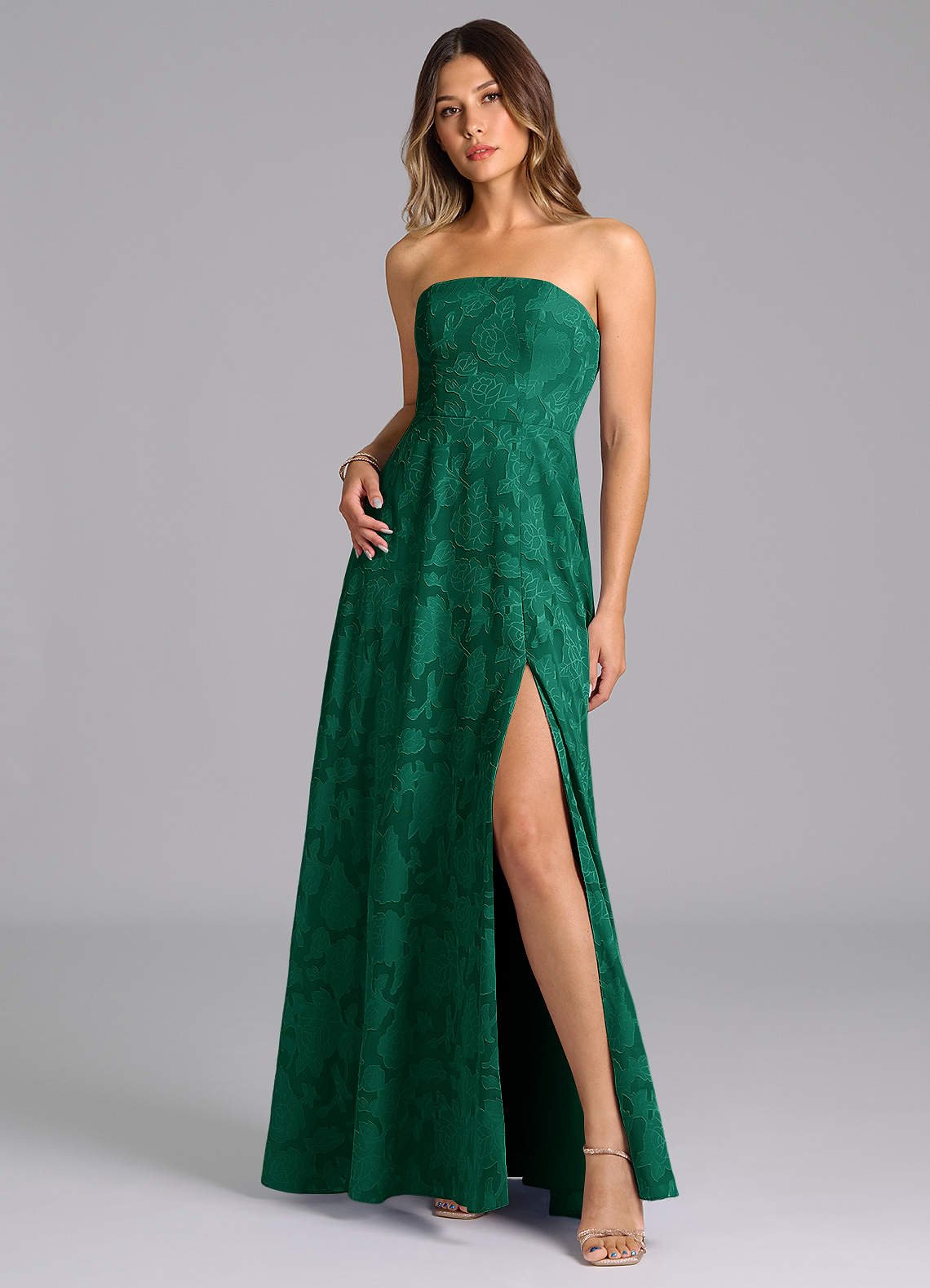 Wren A-Line Strapless Floral Burnout Bridesmaid Dress in Emerald