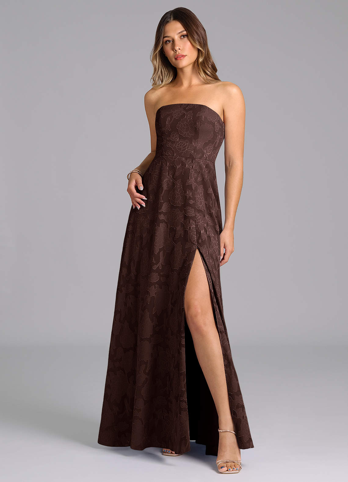 Wren A-Line Strapless Floral Burnout Bridesmaid Dress in Ganache