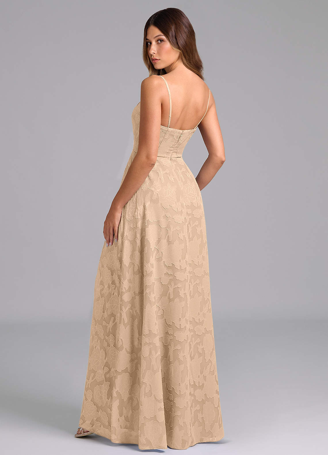 Wren A-Line Strapless Floral Burnout Bridesmaid Dress in Champagne
