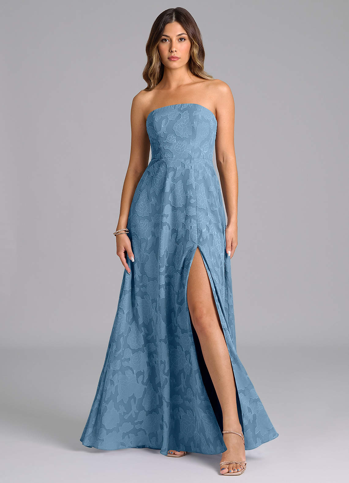 Wren A-Line Strapless Floral Burnout Bridesmaid Dress in Steel Blue