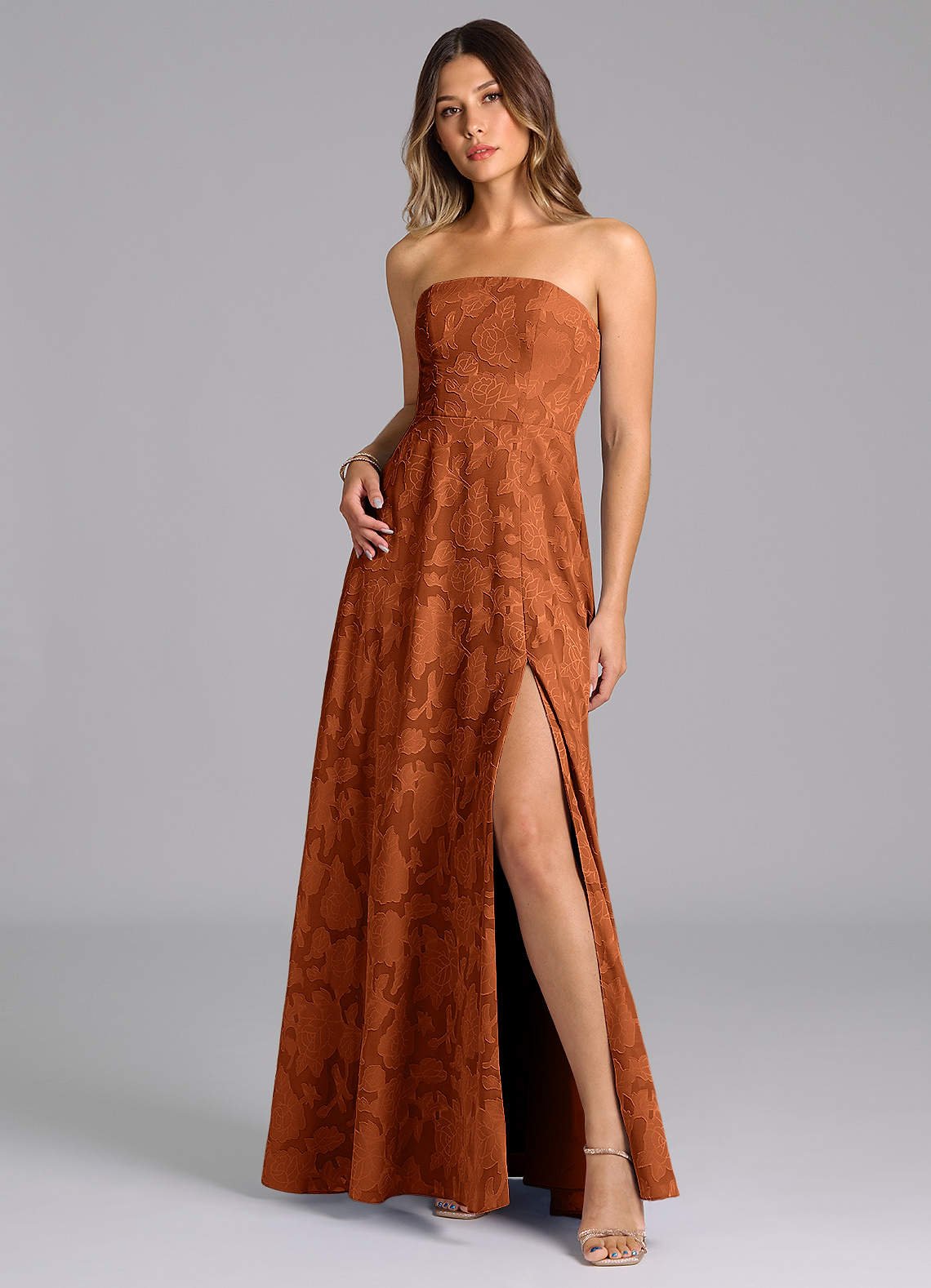 Wren A-Line Strapless Floral Burnout Bridesmaid Dress in Burnt Orange