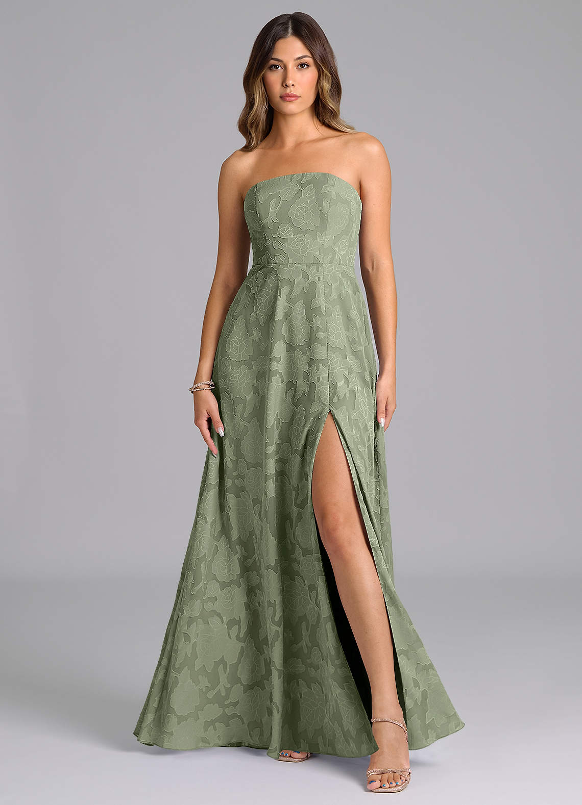 Wren A-Line Strapless Floral Burnout Bridesmaid Dress in Pistachio