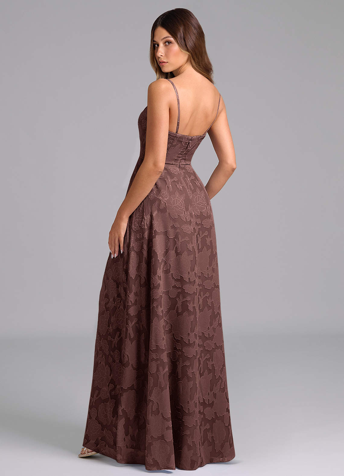 Wren A-Line Strapless Floral Burnout Bridesmaid Dress in Espresso