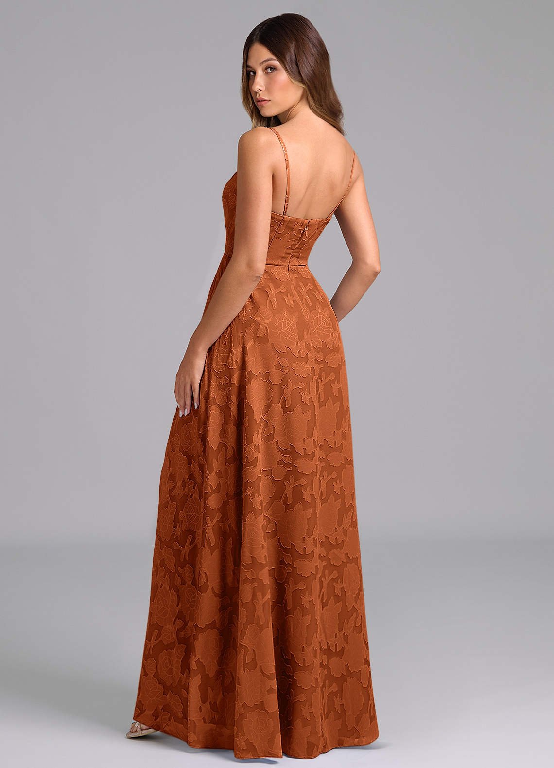 Wren A-Line Strapless Floral Burnout Bridesmaid Dress in Burnt Orange