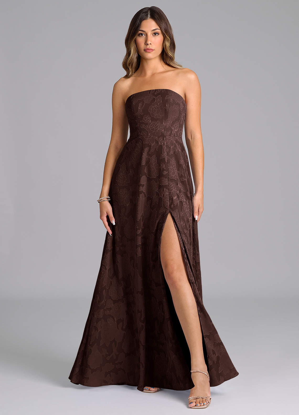 Wren A-Line Strapless Floral Burnout Bridesmaid Dress in Ganache