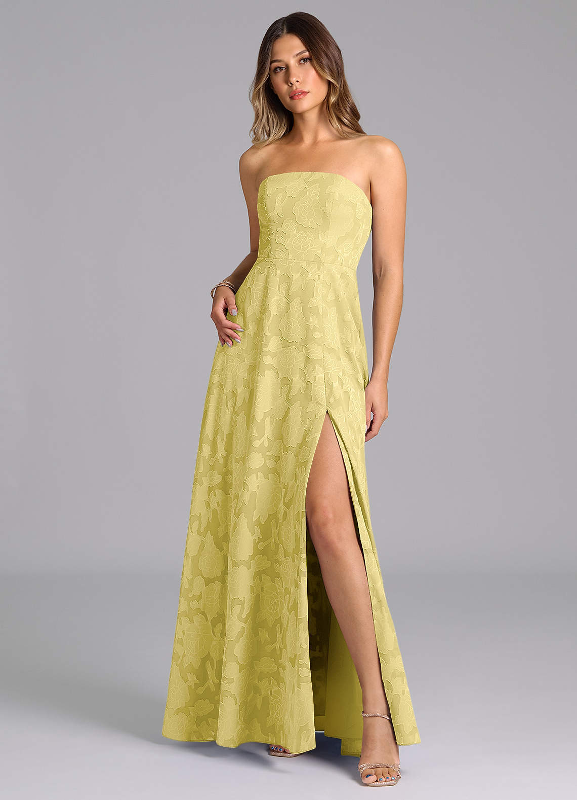 Wren A-Line Strapless Floral Burnout Bridesmaid Dress in Canary
