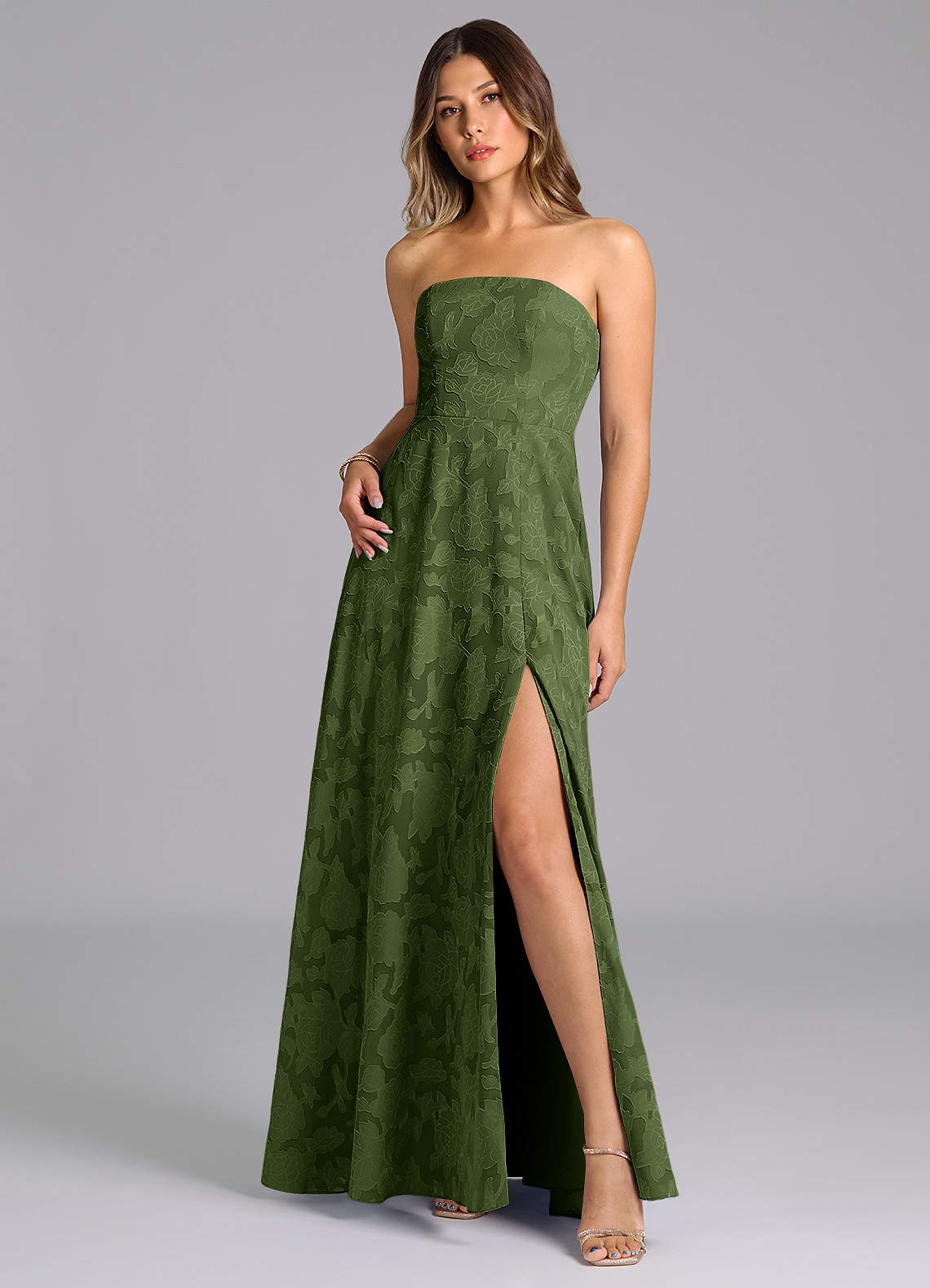 Wren A-Line Strapless Floral Burnout Bridesmaid Dress in Olive