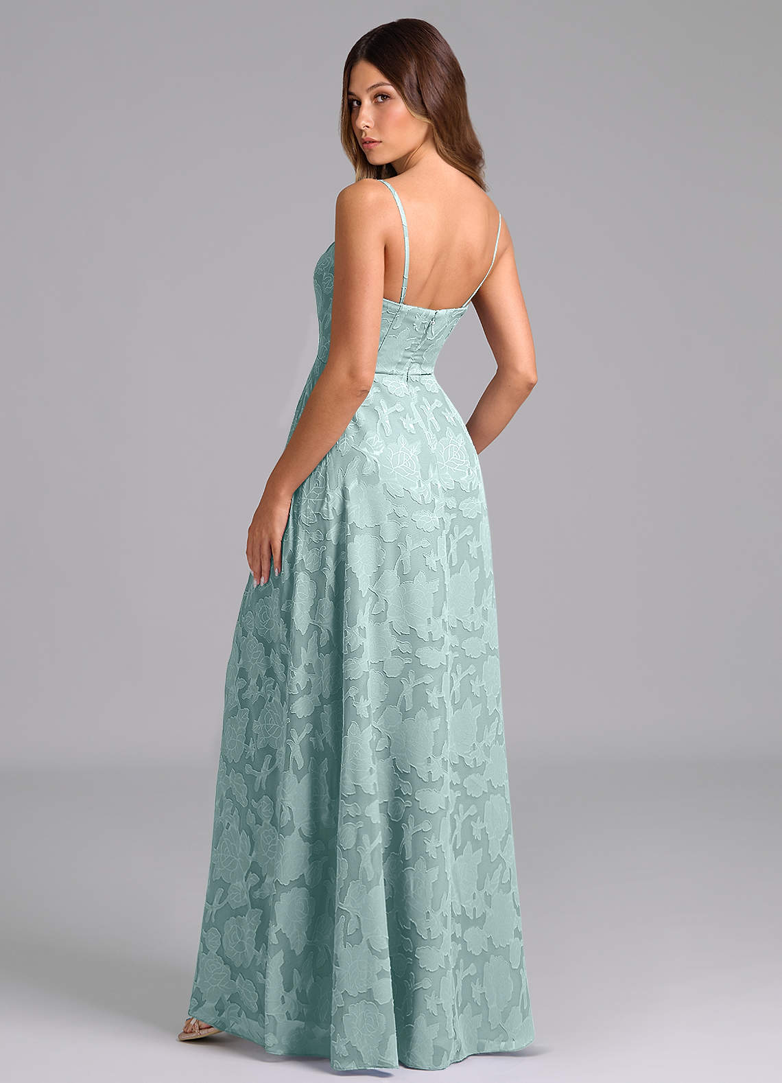 Wren A-Line Strapless Floral Burnout Bridesmaid Dress in Mist
