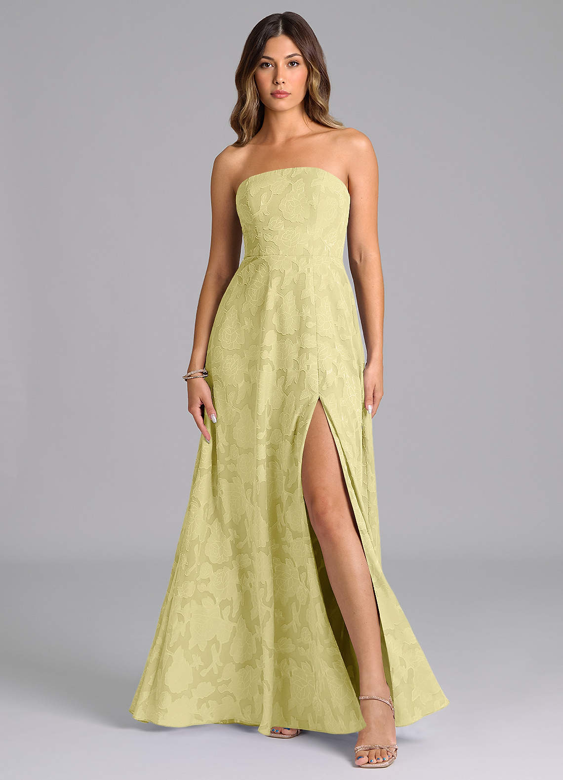 Wren A-Line Strapless Floral Burnout Bridesmaid Dress in Lemon Sorbet