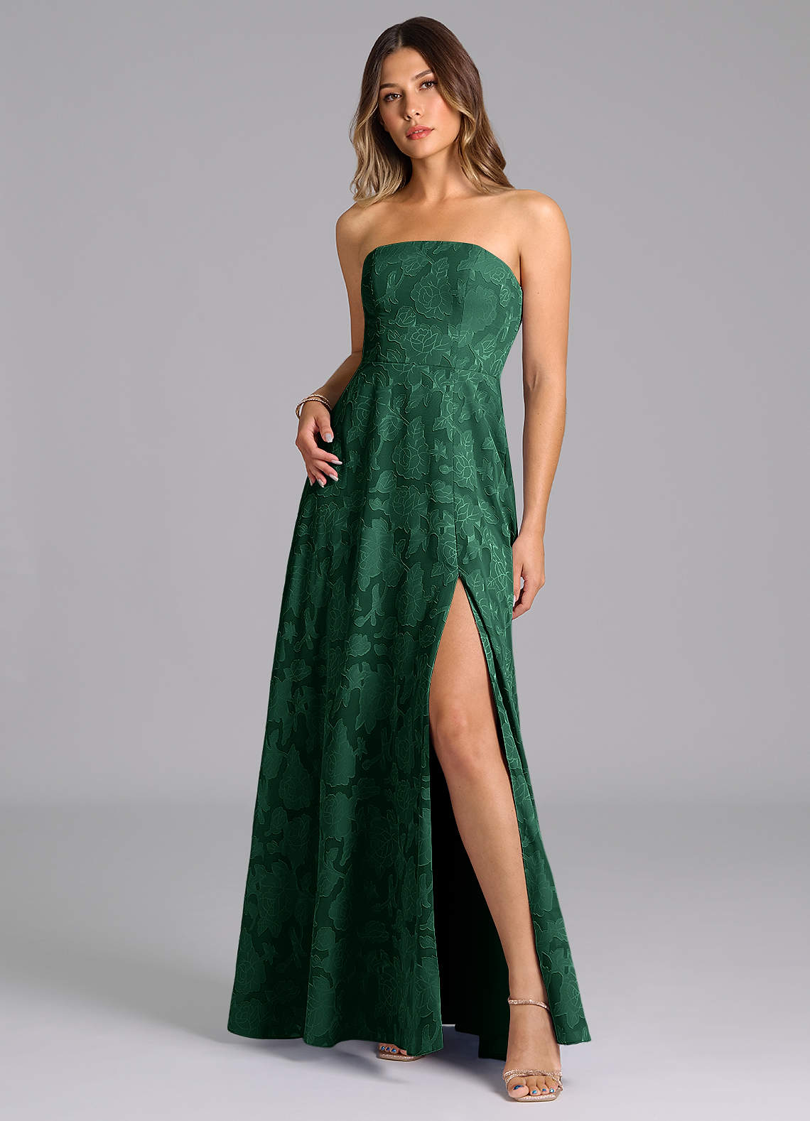 Wren A-Line Strapless Floral Burnout Bridesmaid Dress in Dark Green