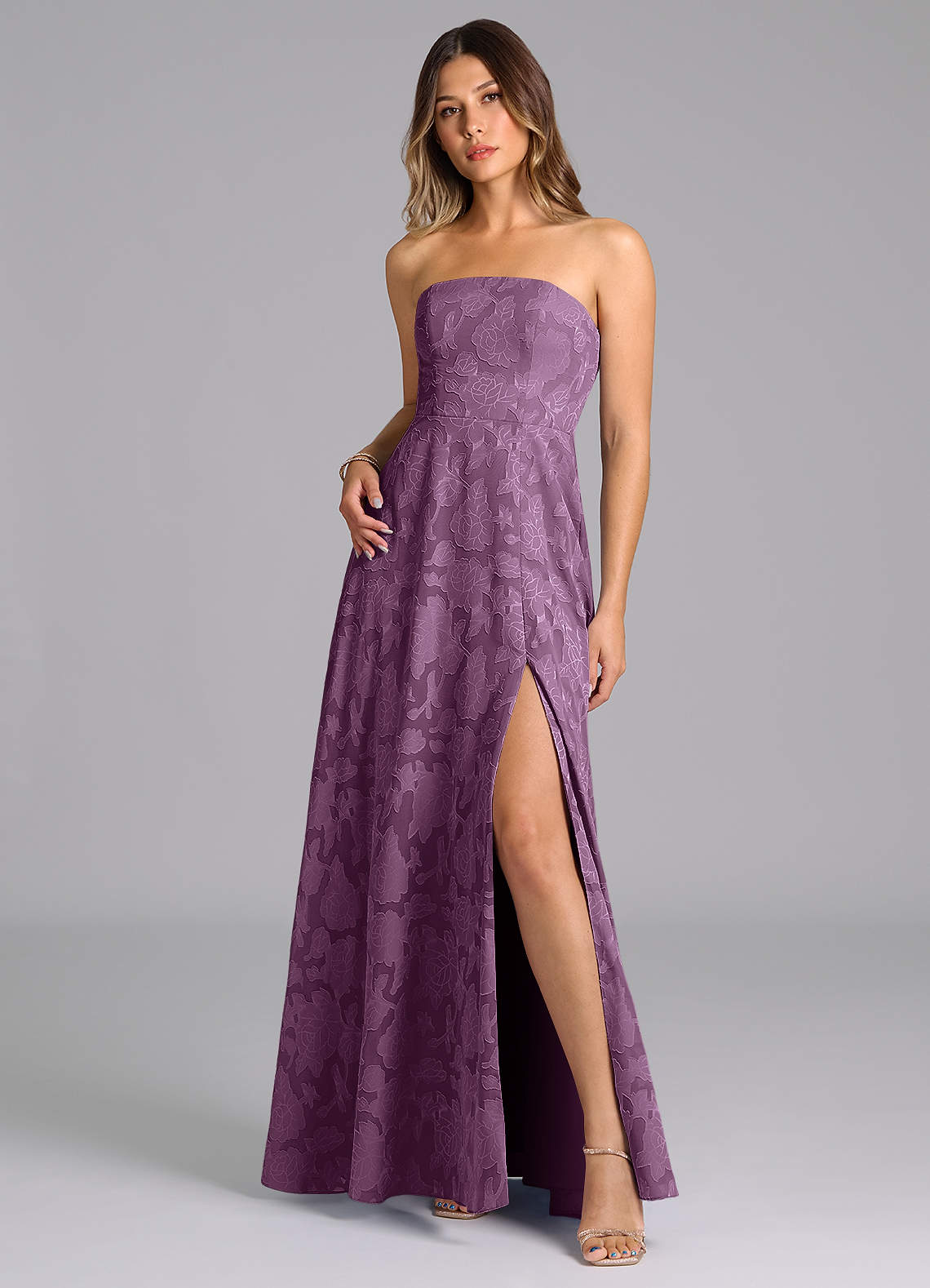 Wren A-Line Strapless Floral Burnout Bridesmaid Dress in Wisteria