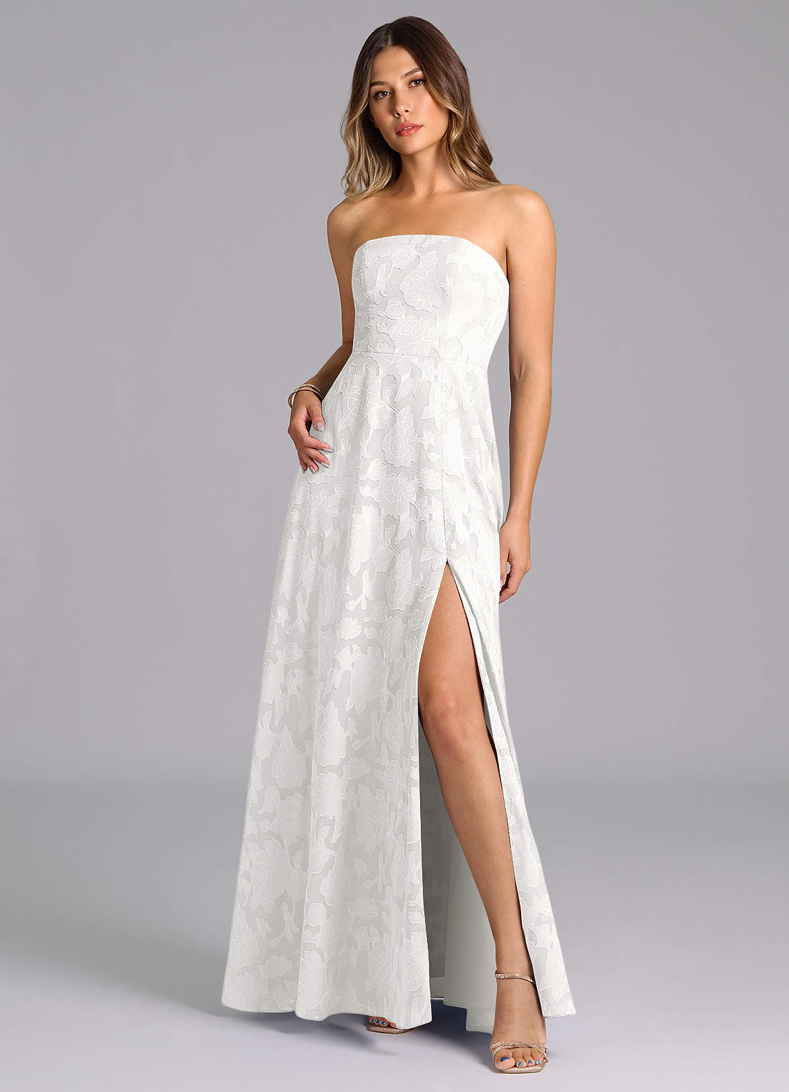 Wren A-Line Strapless Floral Burnout Bridesmaid Dress in white